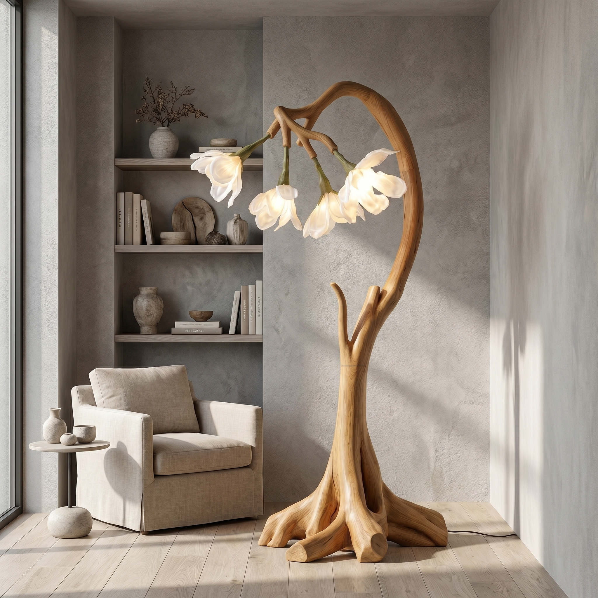 Bloom Floor Lamp With Sculptural Wooden Stand For Living Room And Bedroom