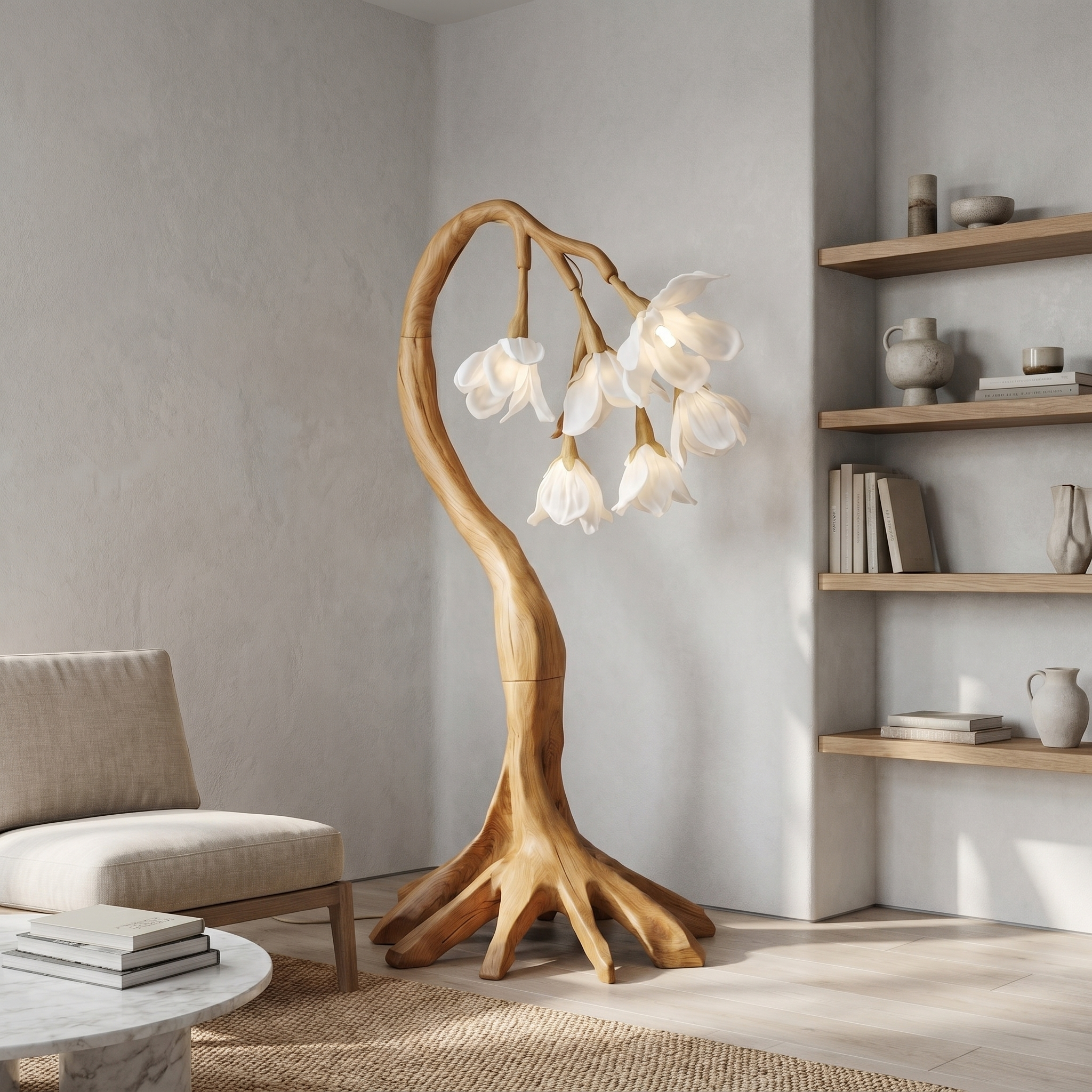Flower Petal Floor Lamp With Solid Wood Base For Living Room And Bedroom