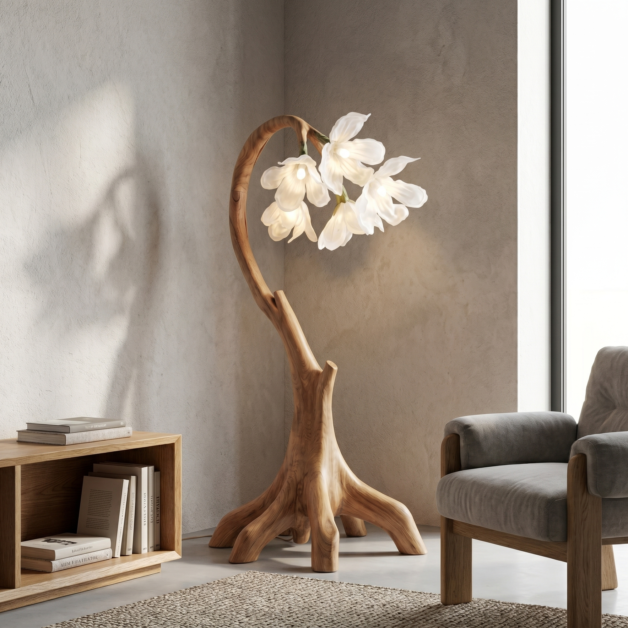 Flower Petal Floor Lamp With Solid Wood Base For Living Room And Bedroom