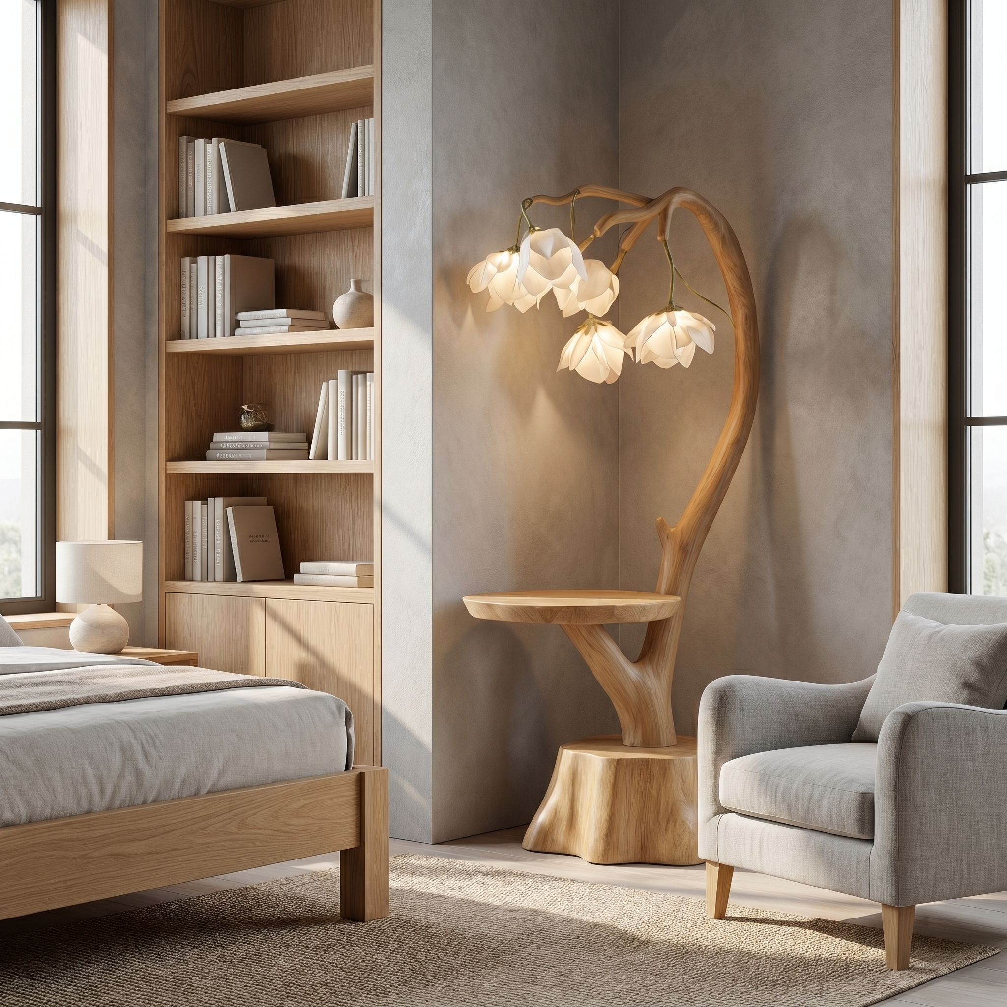 Sculptural Flower Floor Lamp With Handmade Wood Base For Living Room And Bedroom