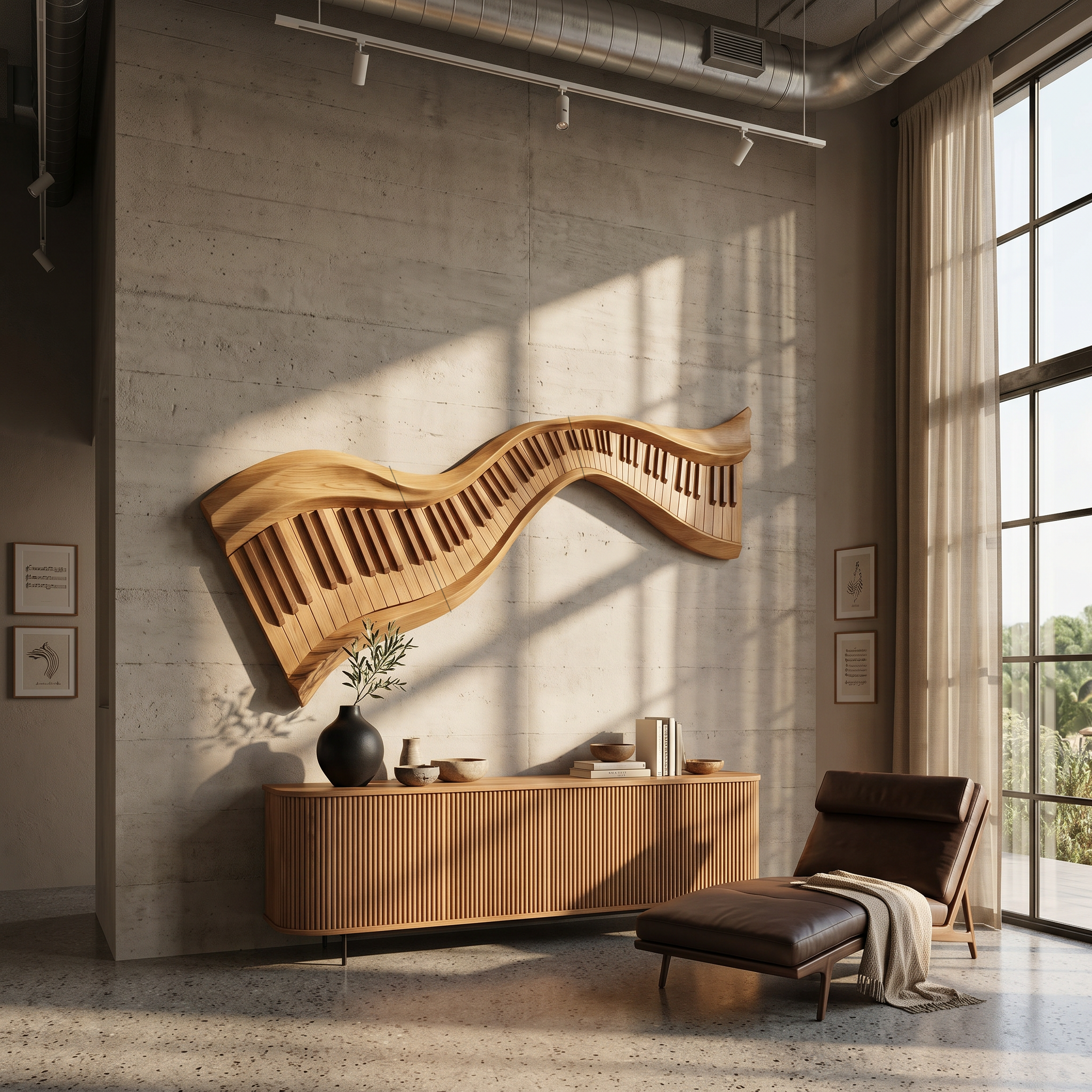 Organic Abstract Keyboard Wave Wooden Wall Sculpture For Living Room