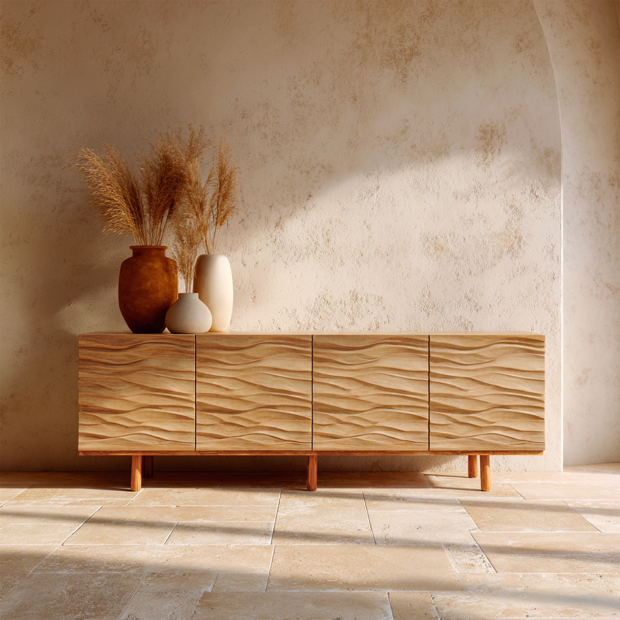 Modern Minimalist Sideboard With Textured Wood Doors For Living Room