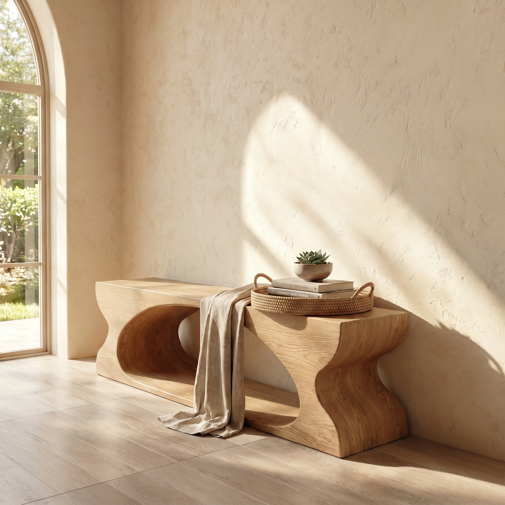 Modern Sculptural Wooden Bench With Organic Design For Entryway And Living Room