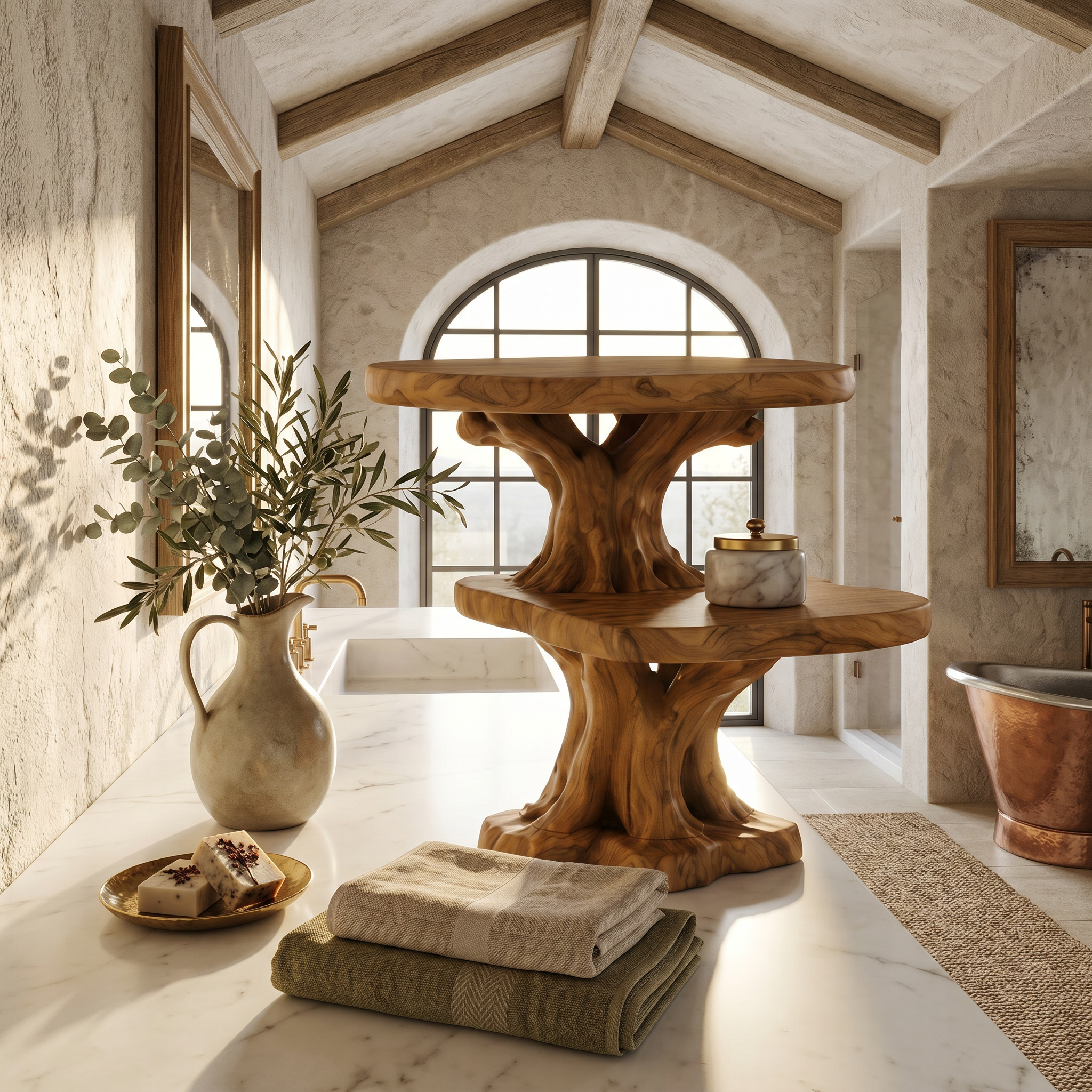 Rustic Tree Bathroom Organizer With Floating Display Shelves