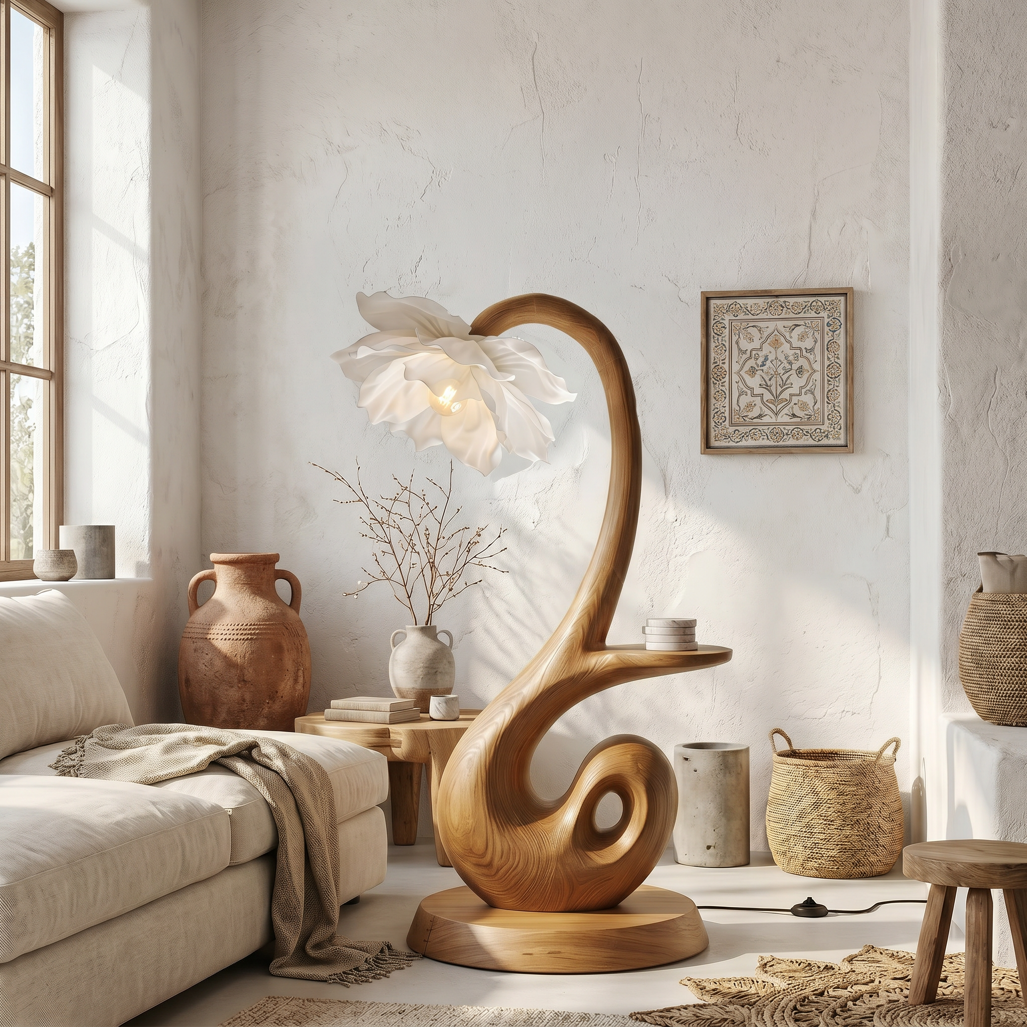 Nature Inspired Floor Lamp With Blooming Flower Shade And Display Shelf For Reading Nook