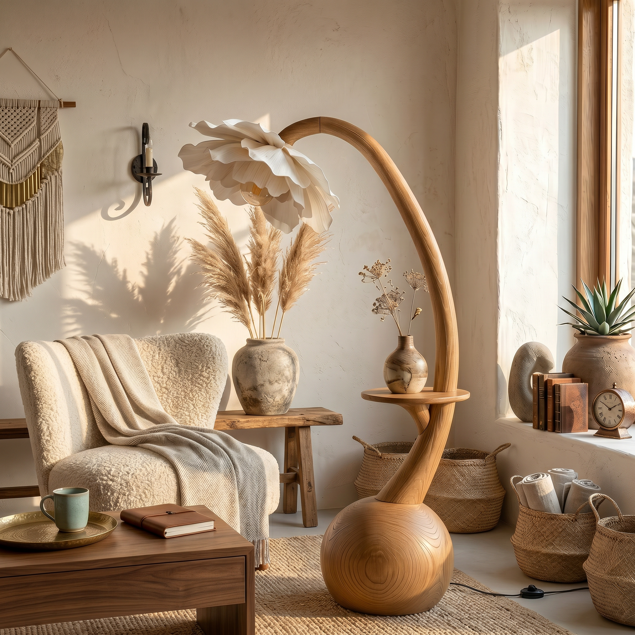 Sculptural Floor Lamp With Built In Shelf And Floral Shade For Living Room