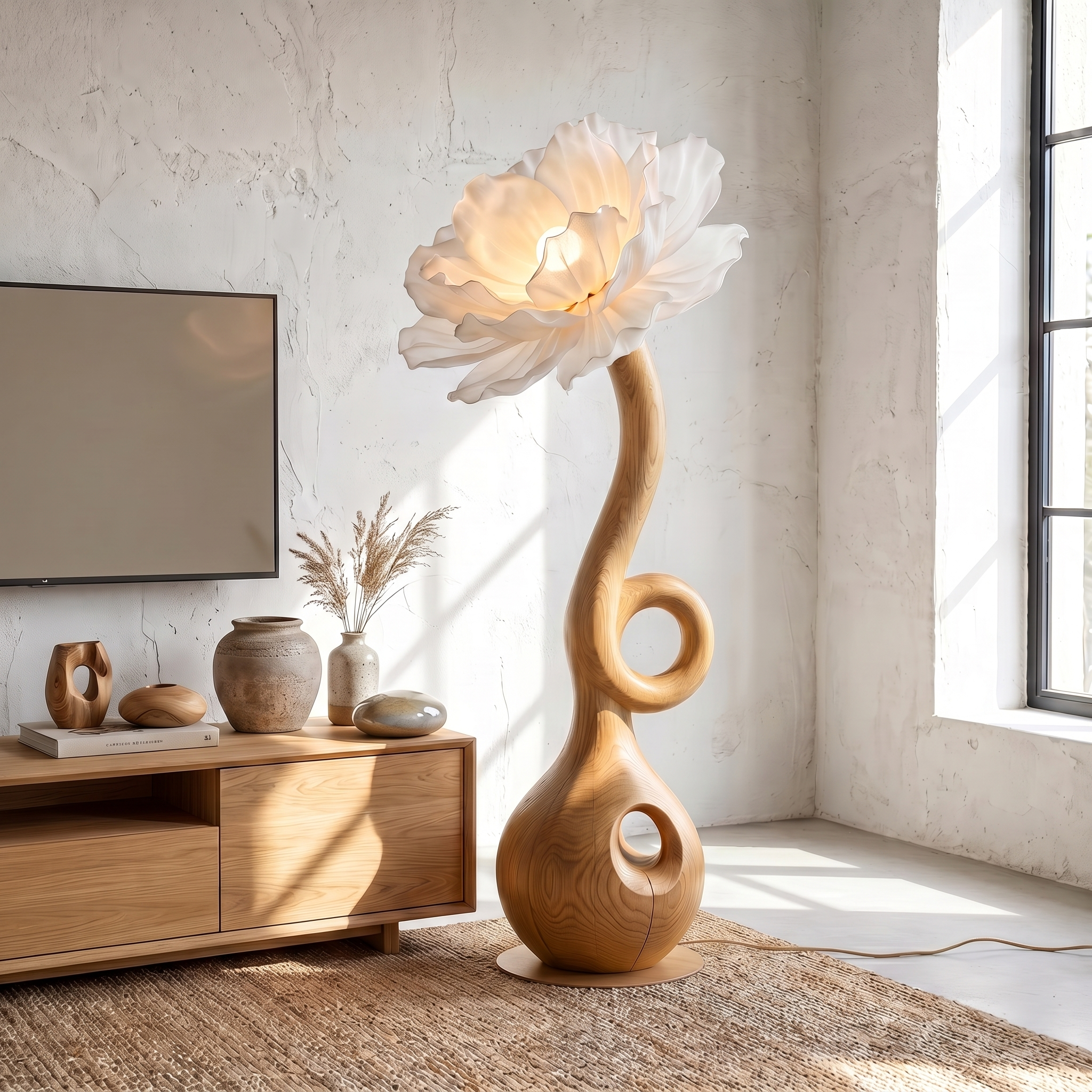 Sculptural Floor Lamp With Floral Accent Design For Bedroom And Reading Room