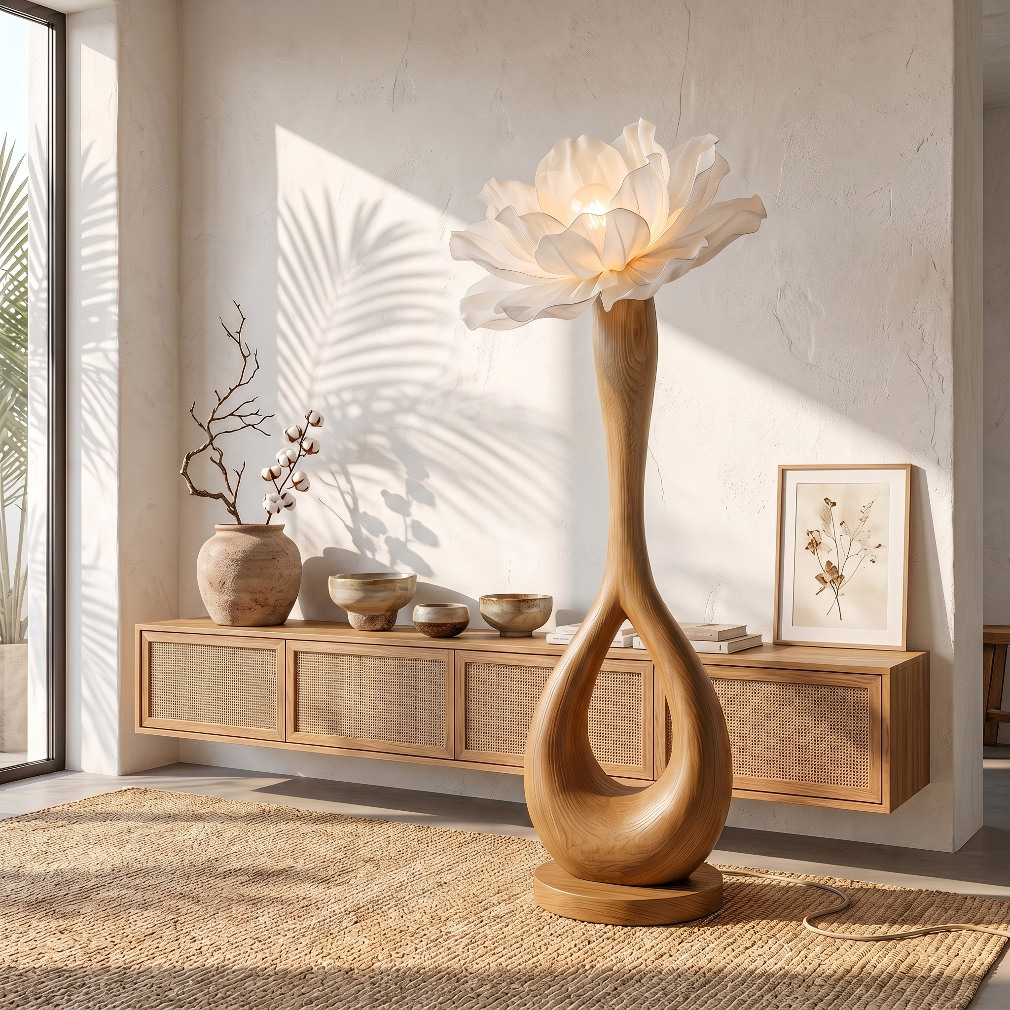 Handcrafted Floor Lamp With Blooming Flower Sculpture For Living Room
