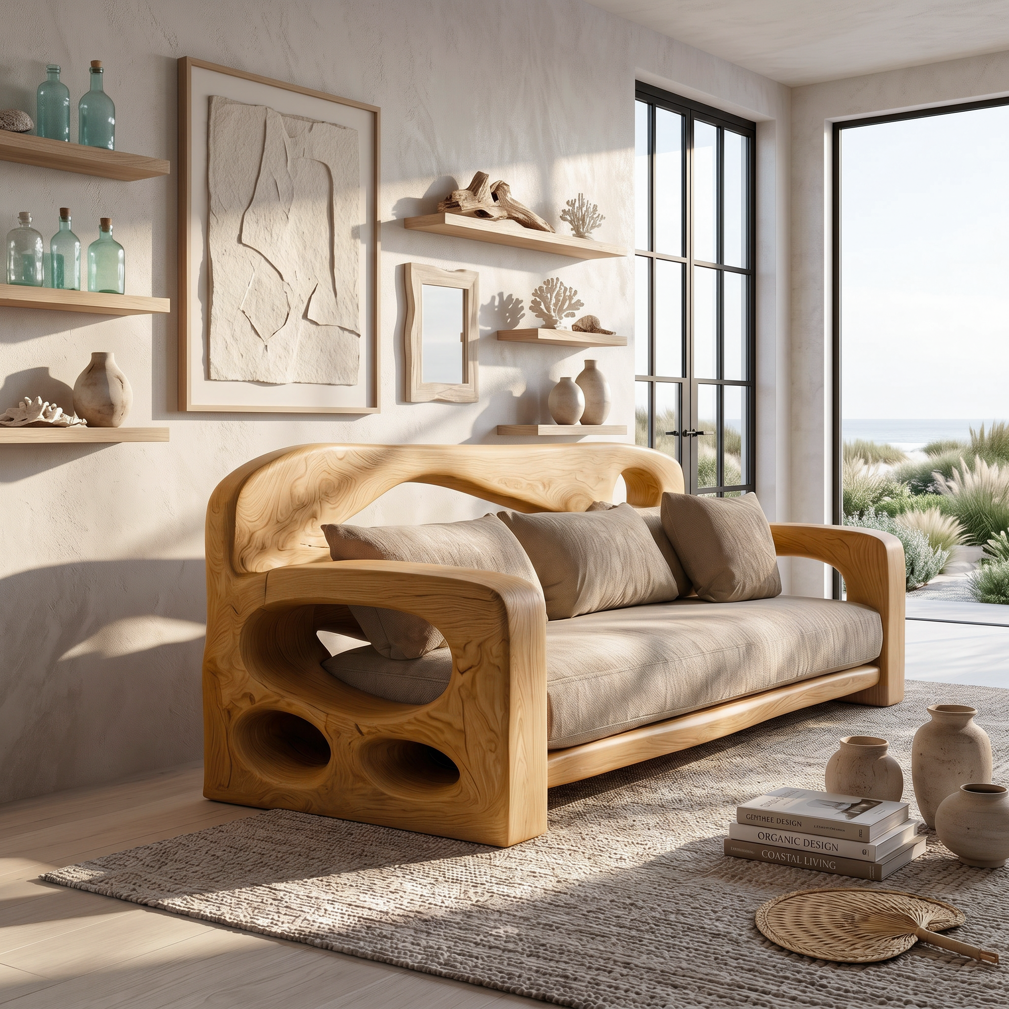Modern Sofa Frame With Sculptural Solid Wood Armrests For Living Room