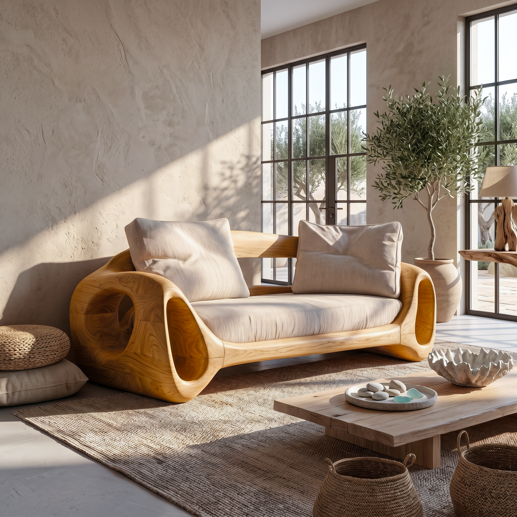 Organic Sofa Frame With Sculptural Circular Armrests For Living Room
