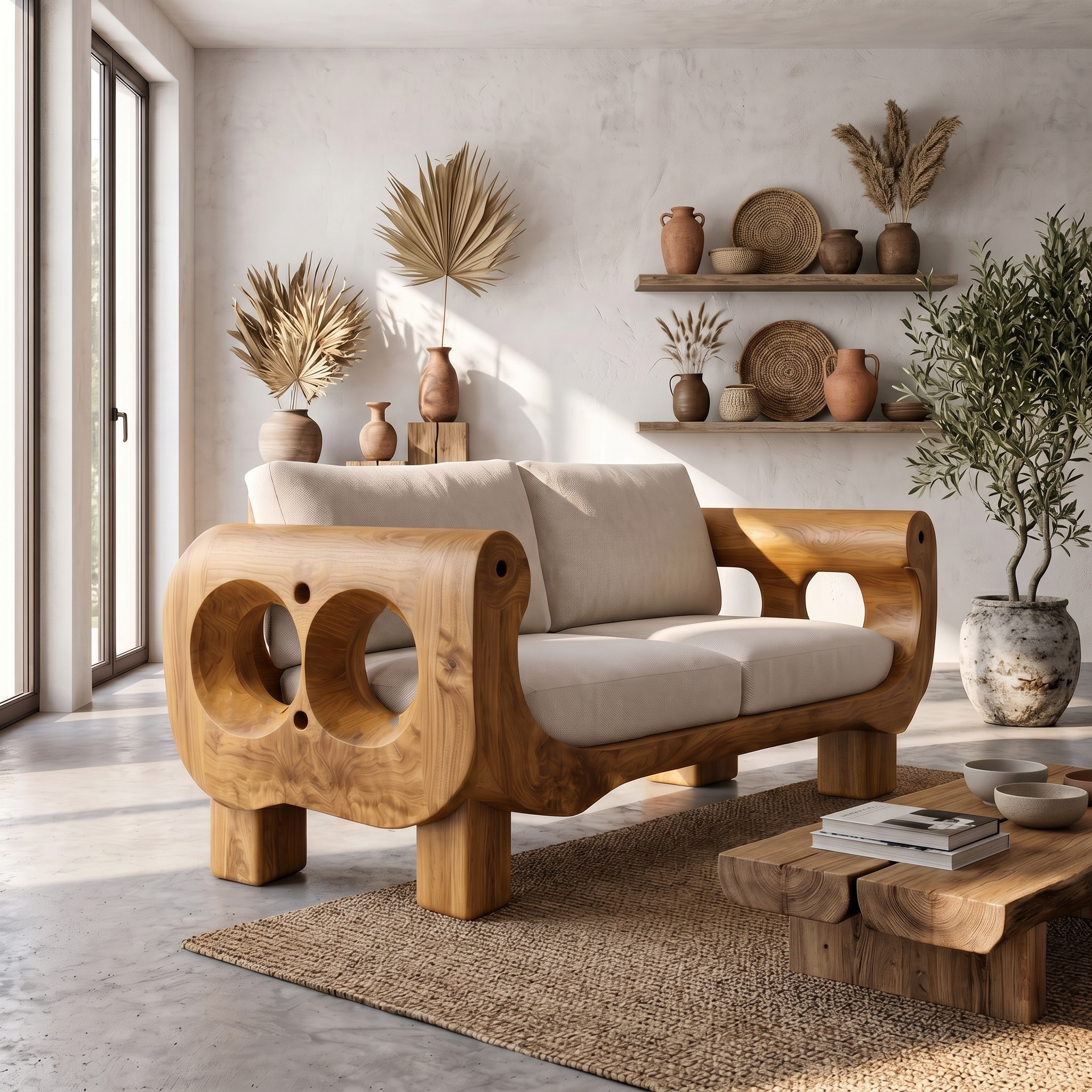 Rustic Sofa Frame With Handcrafted Sculptural Wood Design For Living Room