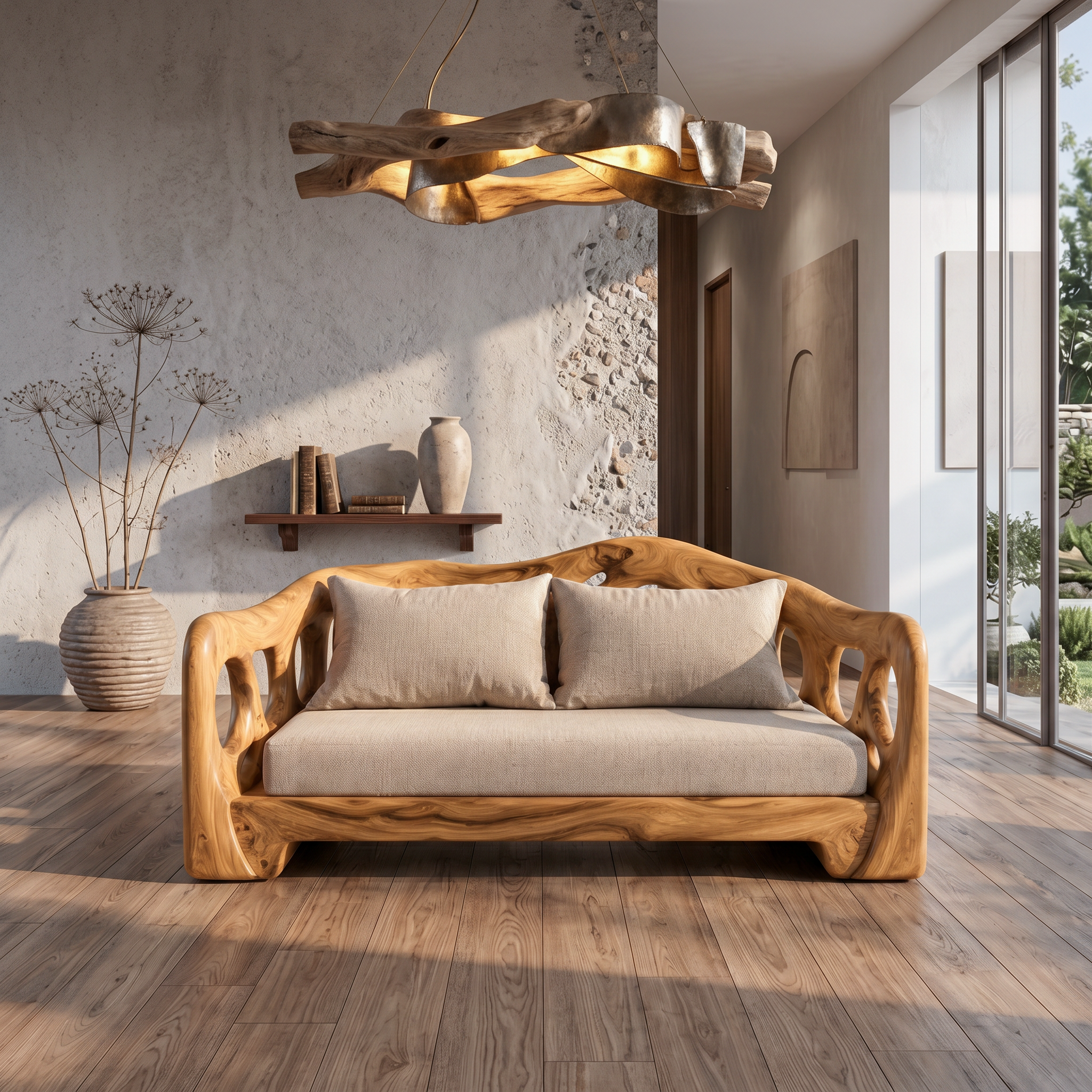 Modern Sofa With Sculptural Solid Wood For Living Room