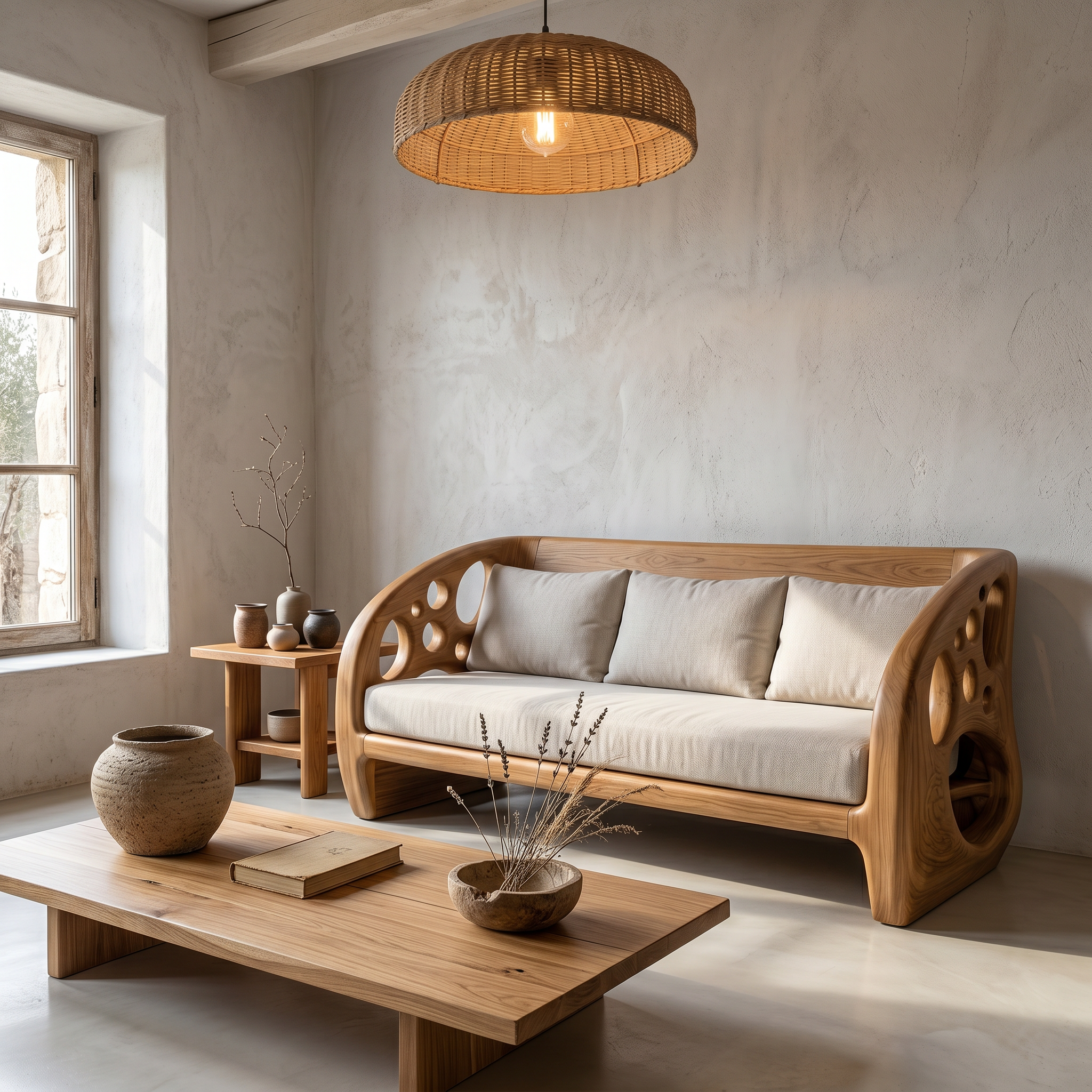 Modern Organic Sofa With Sculptural Perforated Wood Frame
