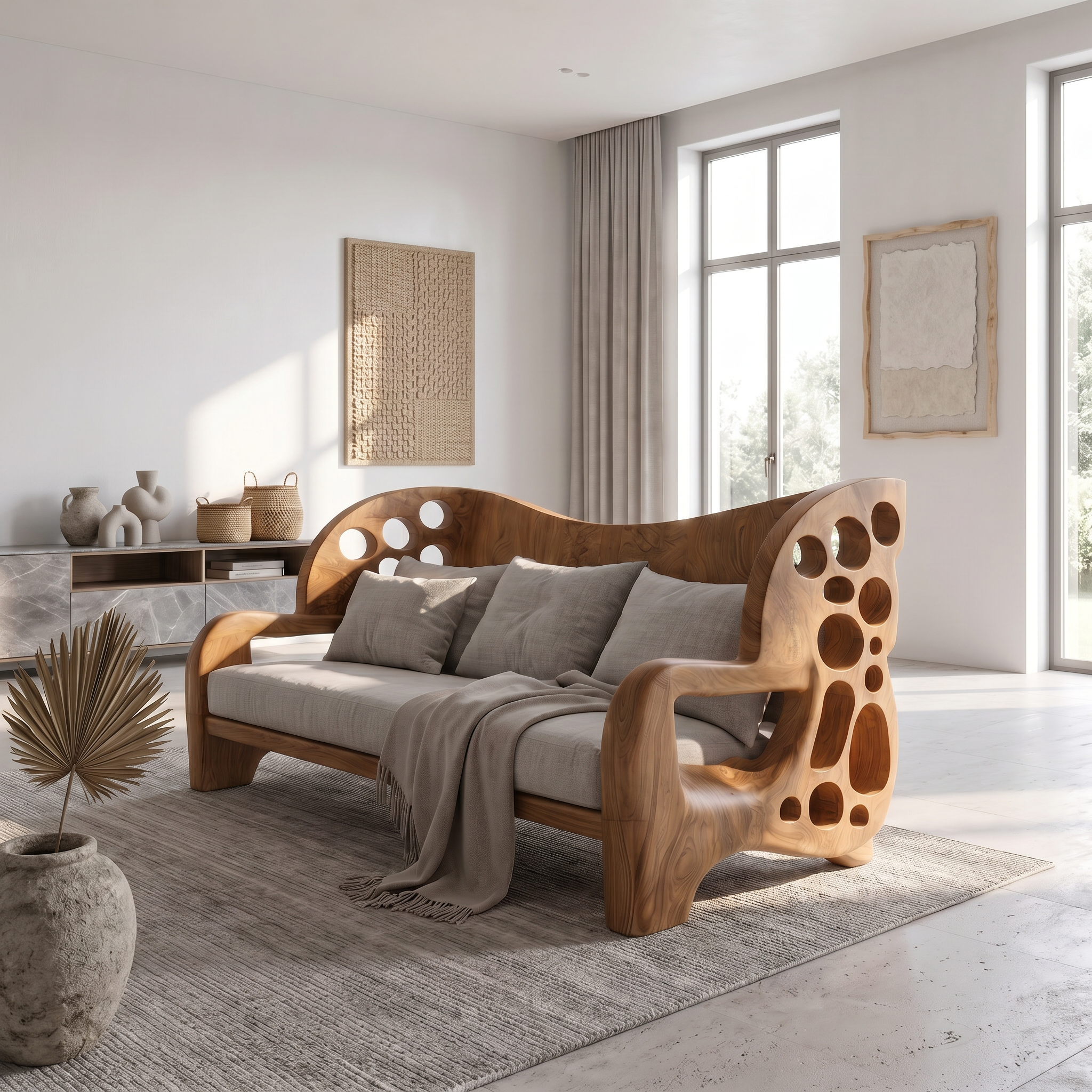Organic Sofa Frame With Sculptural Openwork Armrests For Living Room