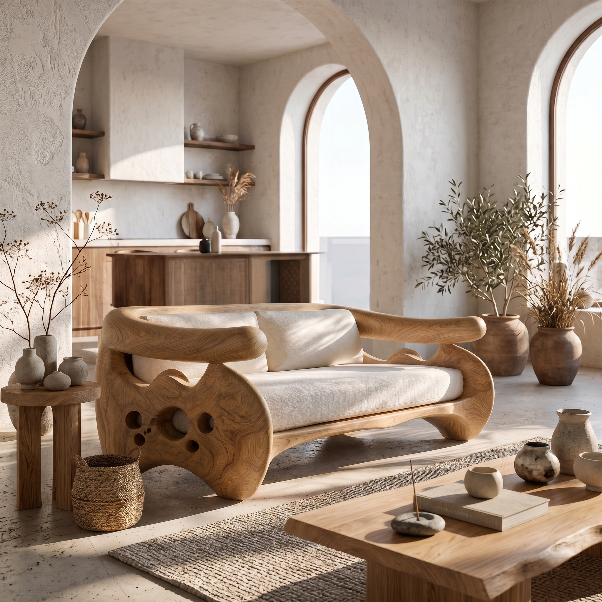 Organic Curved Sofa With Sculptural Wooden Base For Living Room