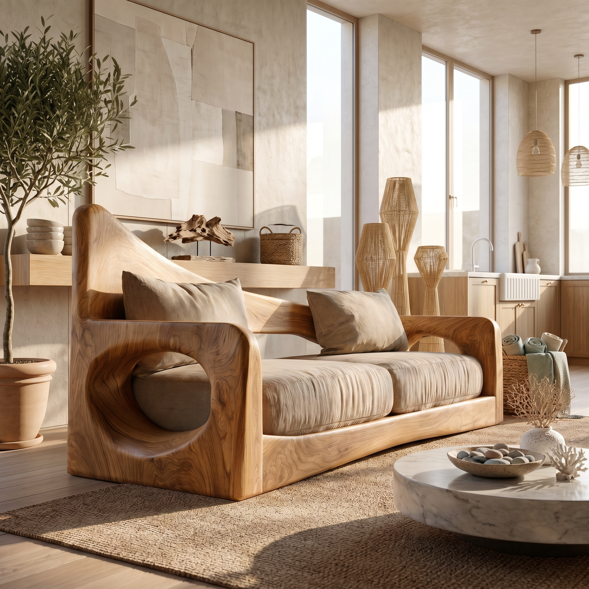 Modern Organic Sofa With Sculptural Perforated Wood Frame