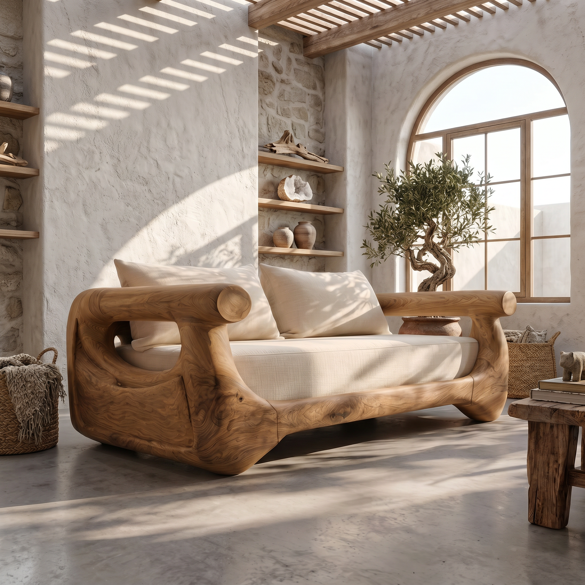 Modern Sofa With Sculptural Perforated Wood Frame For Living Room