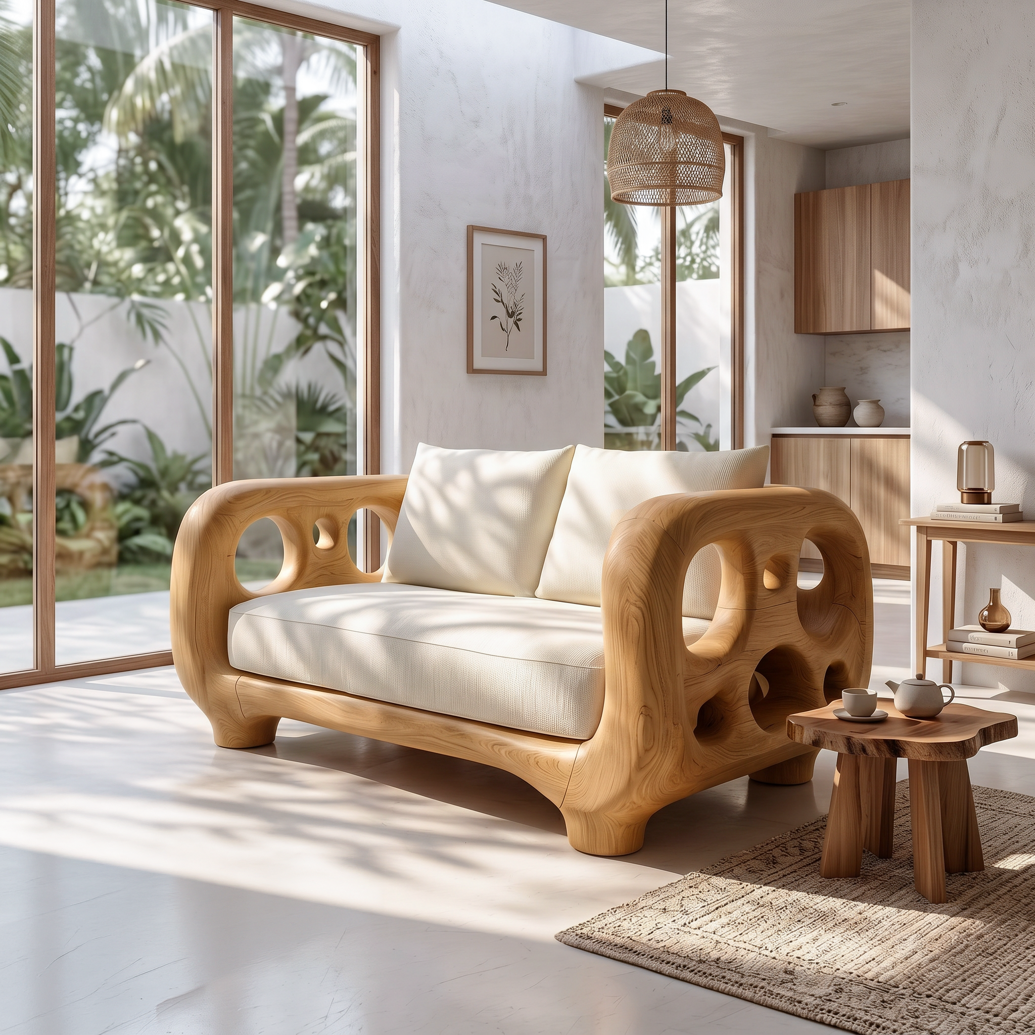 Modern Accent Sofa Frame With Rounded Wooden Arms For Living Room