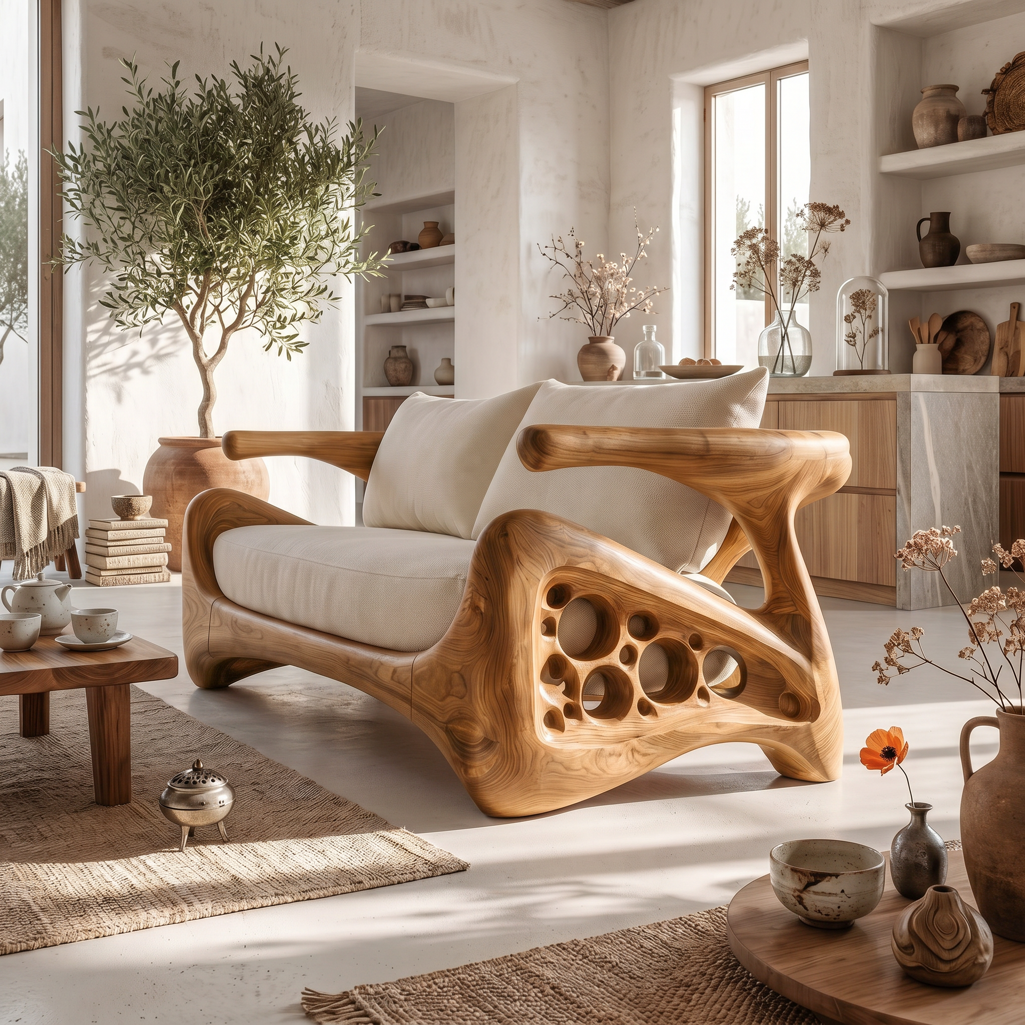 Natural Sofa Frame With Bold Sculptural Armrests For Living Room