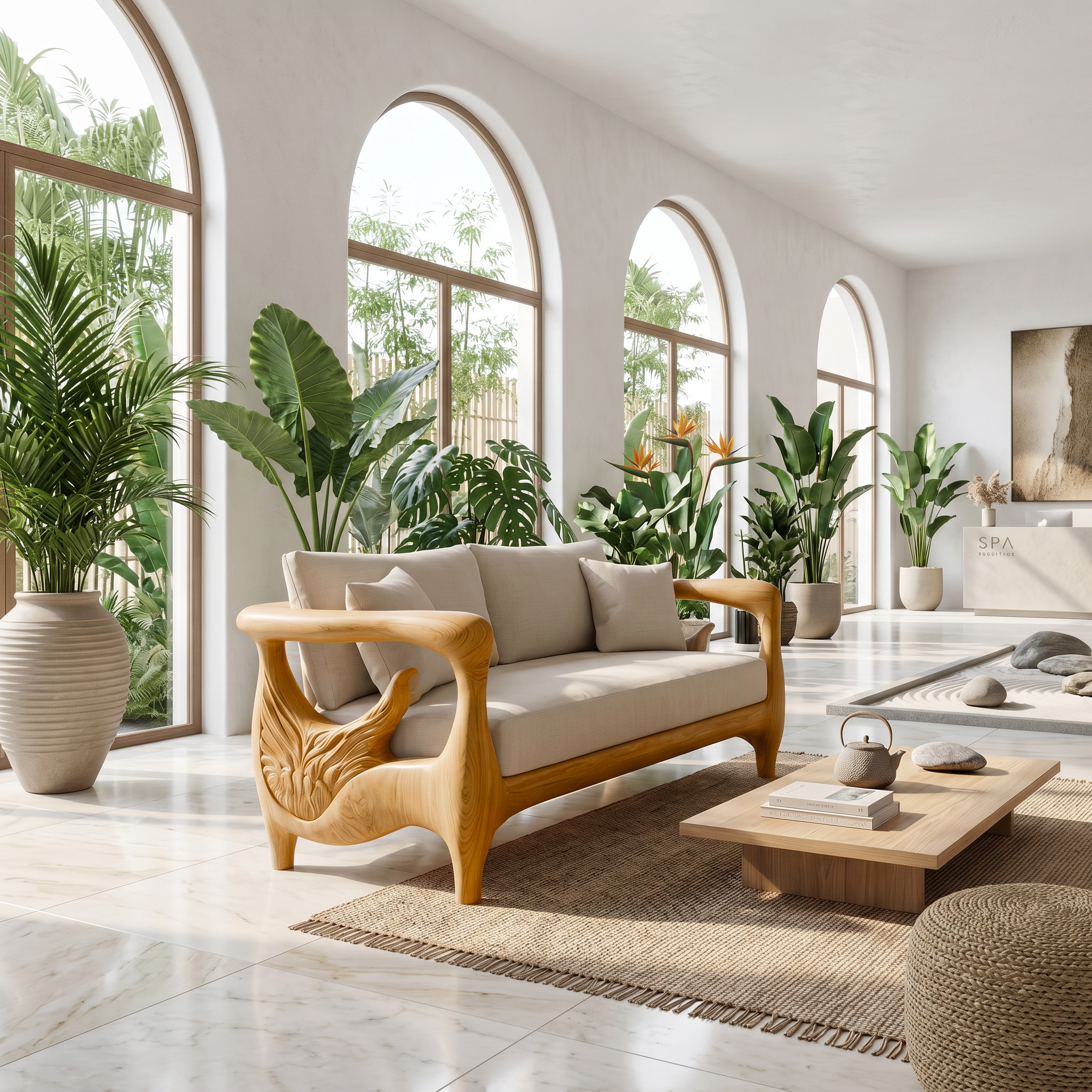 Nature Inspired Sofa Frame With Handcrafted Wheel Armrests For Living Room