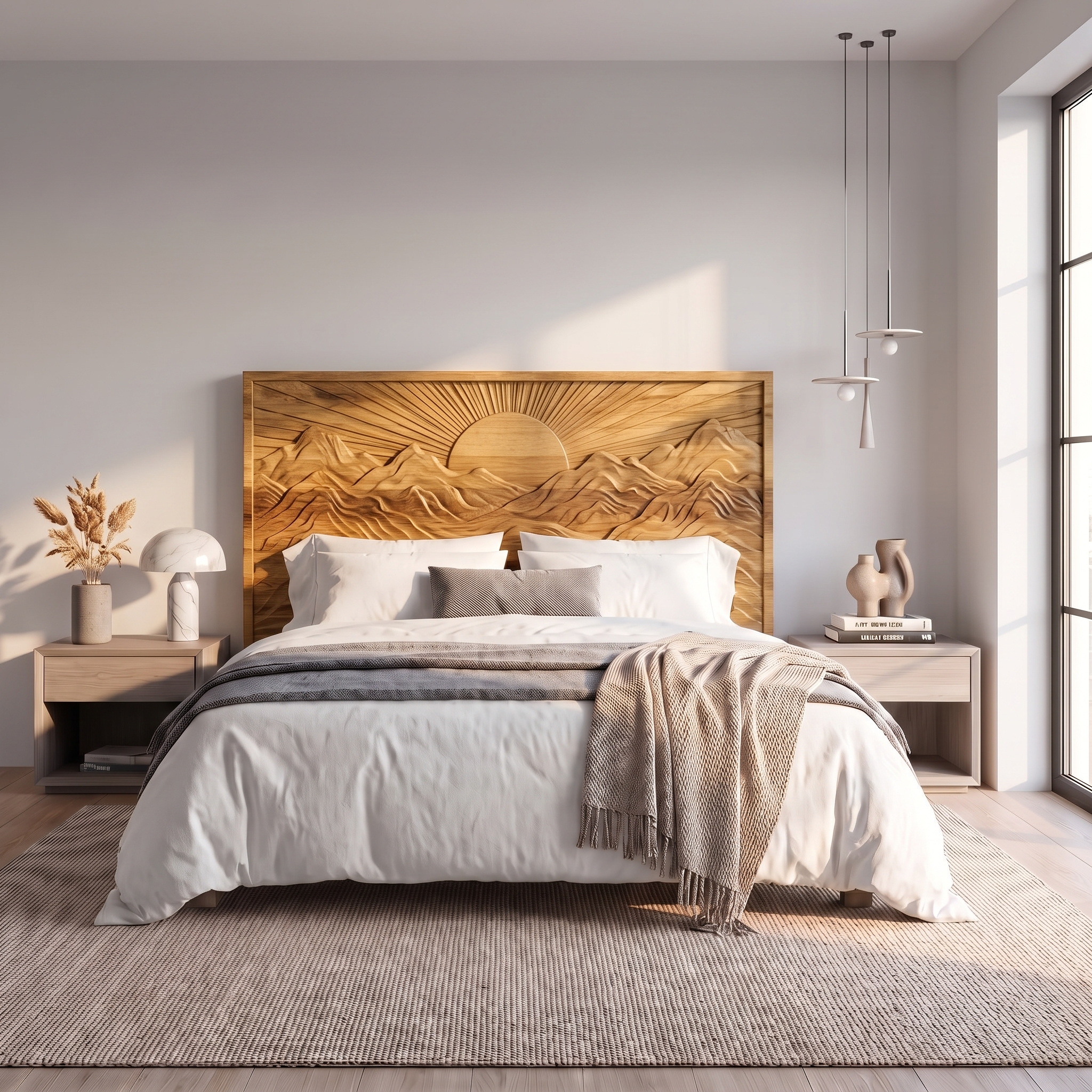Mid Century Sunrise Headboard Wooden Bed Headboard For Bedroom