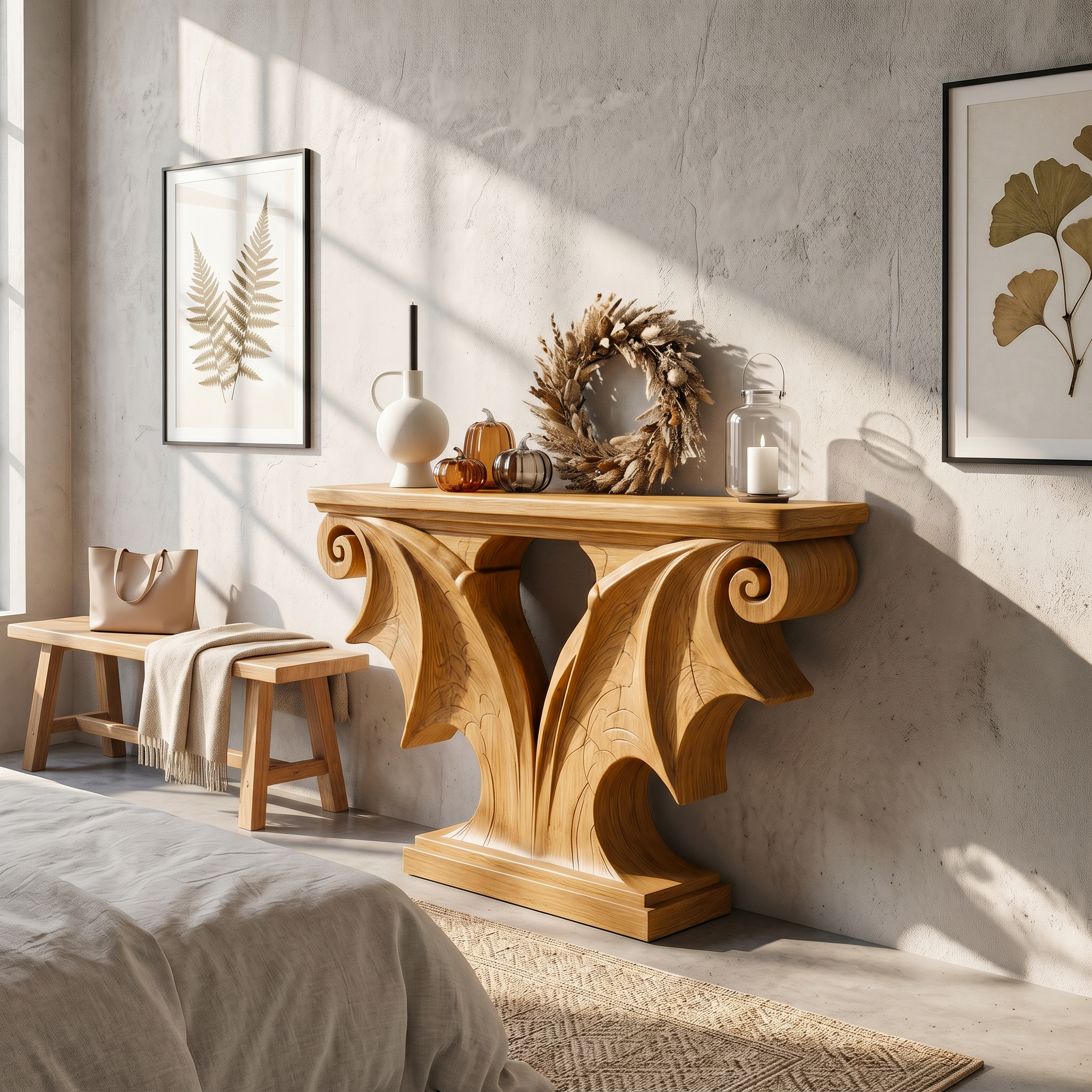 Sculptural Console Table Handcrafted Solid Wood Design For Entryway Living Room