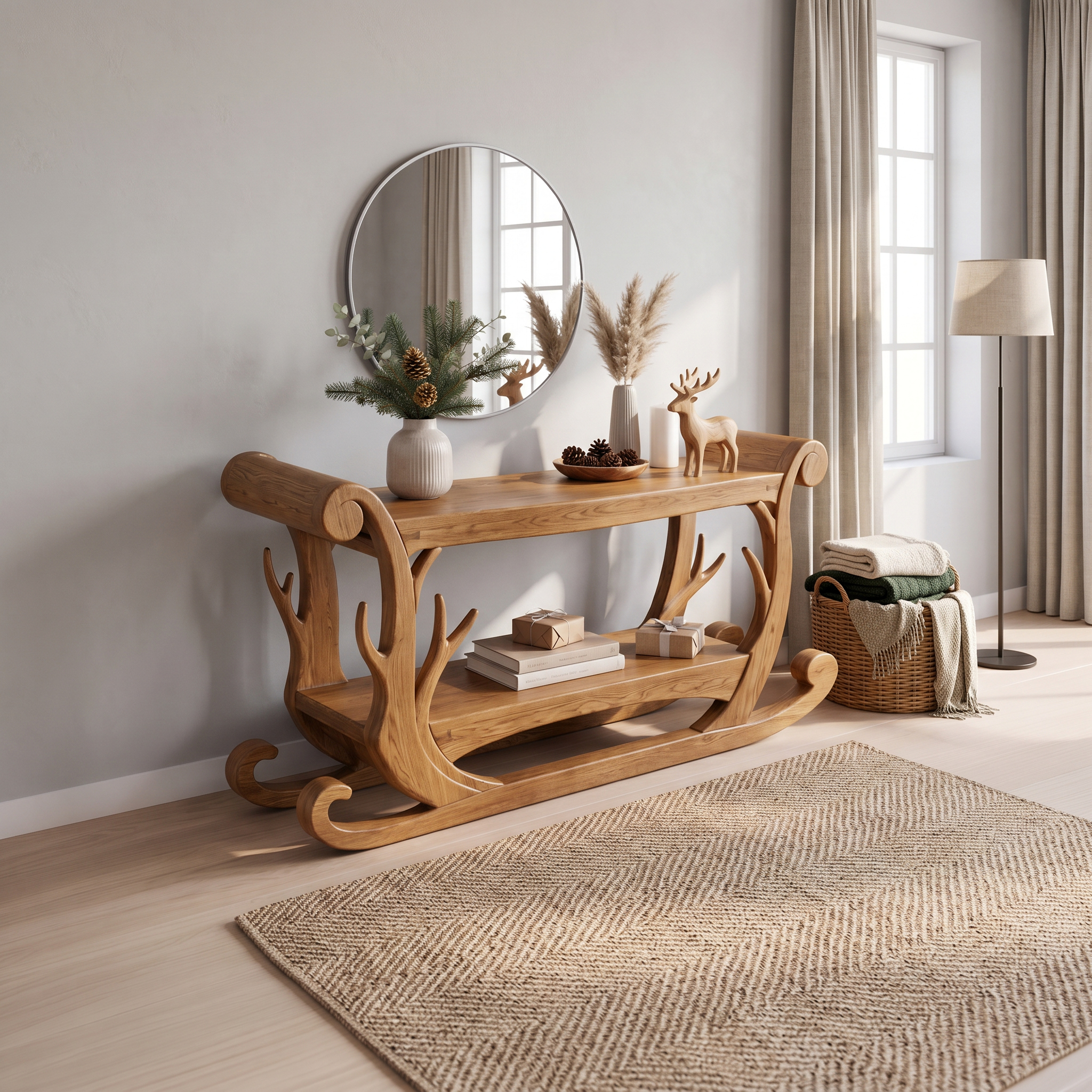 Sculptural Console Table Handcrafted Curved Wood Design For Entryway Hallway