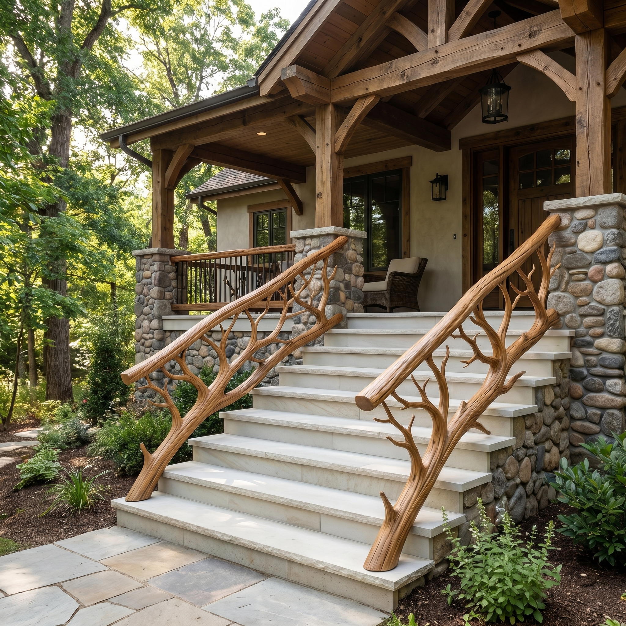 Rustic Tree Branch Stair Railing With Organic Wood Design For Interior Staircase