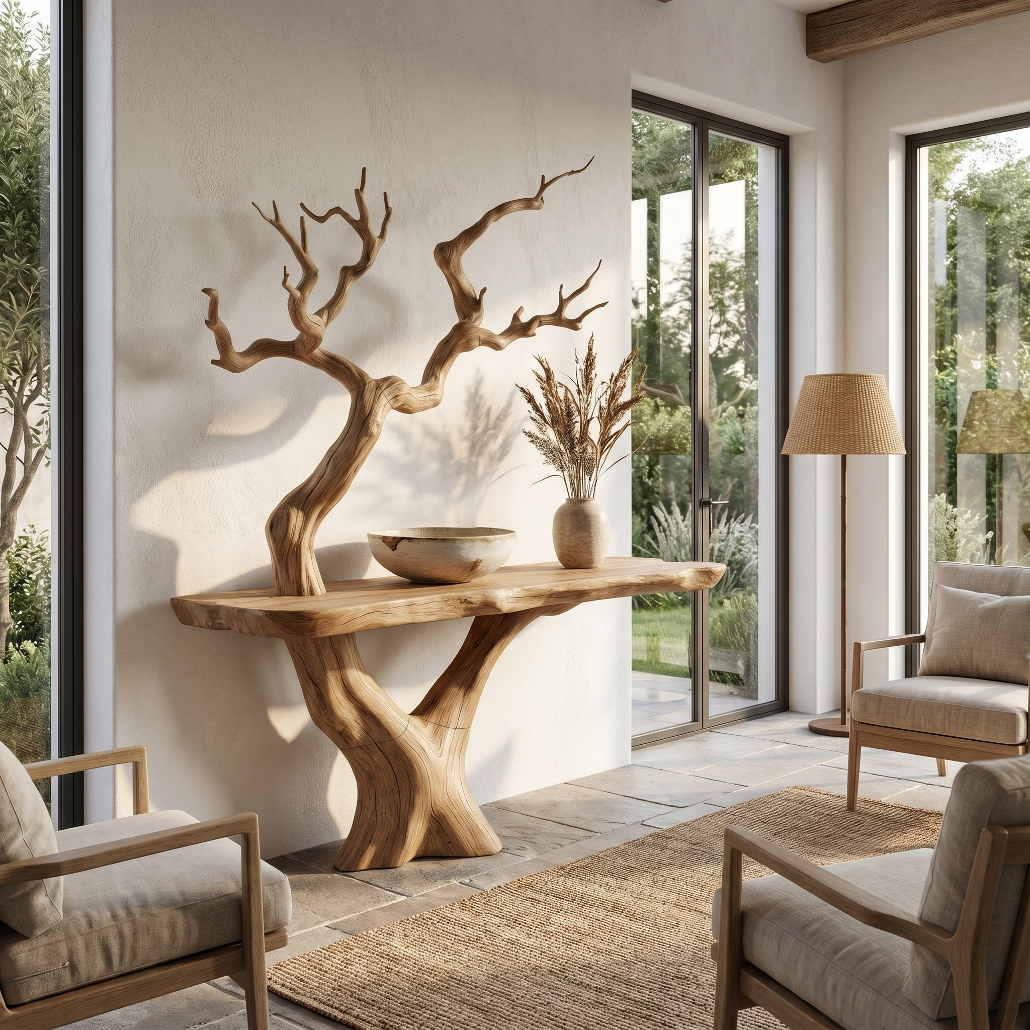 Rustic Console Table With Sculptural Tree Branch Base And Live Edge Wood Top For Entryway And Living Room
