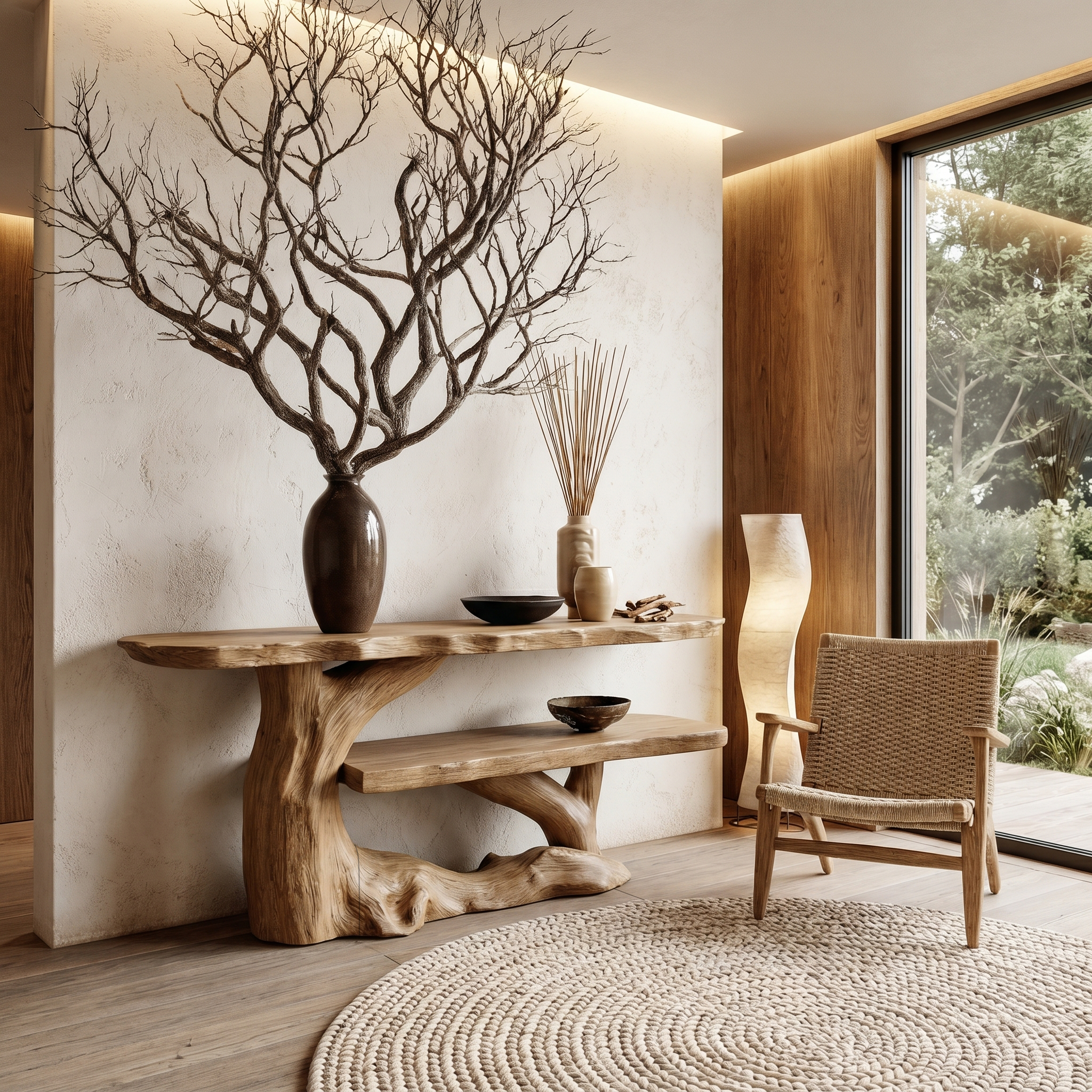 Nature Inspired Console Table With Sculptural Wood Branch Design For Hallway