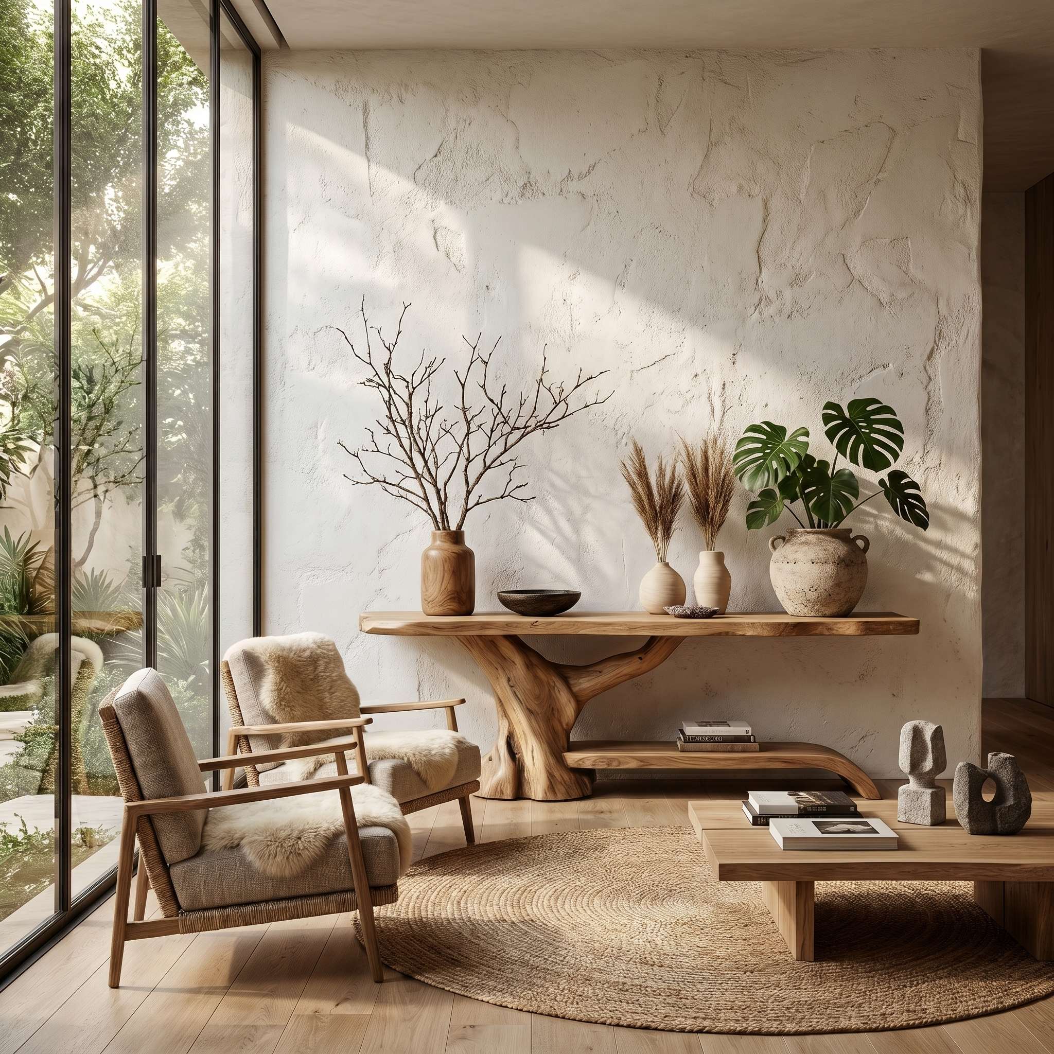 Rustic Live Edge Console Table With Natural Tree Form Base For Living Room