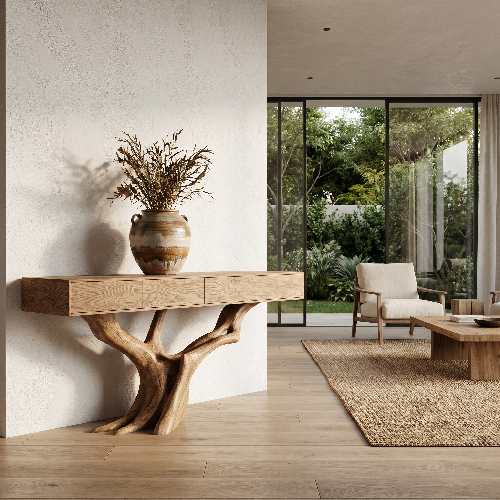 Rustic Live Edge Console Table With Sculptural Tree Branch Base For Entryway And Living Room