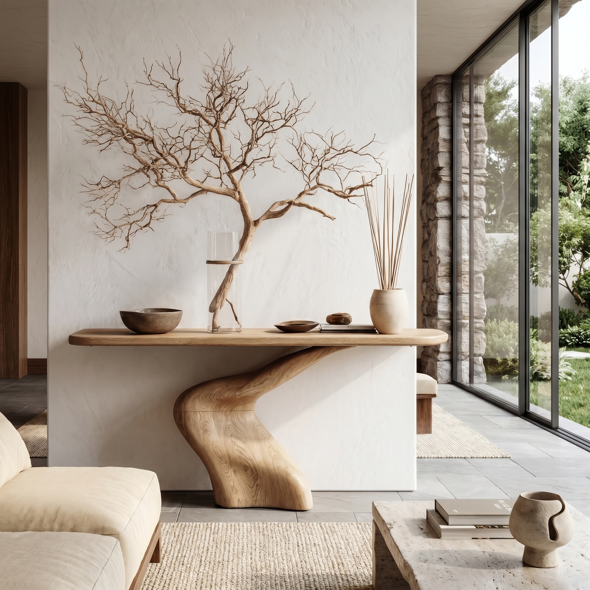 Organic Console Table With Sculptural Twisted Solid Wood Base For Entryway And Living Room