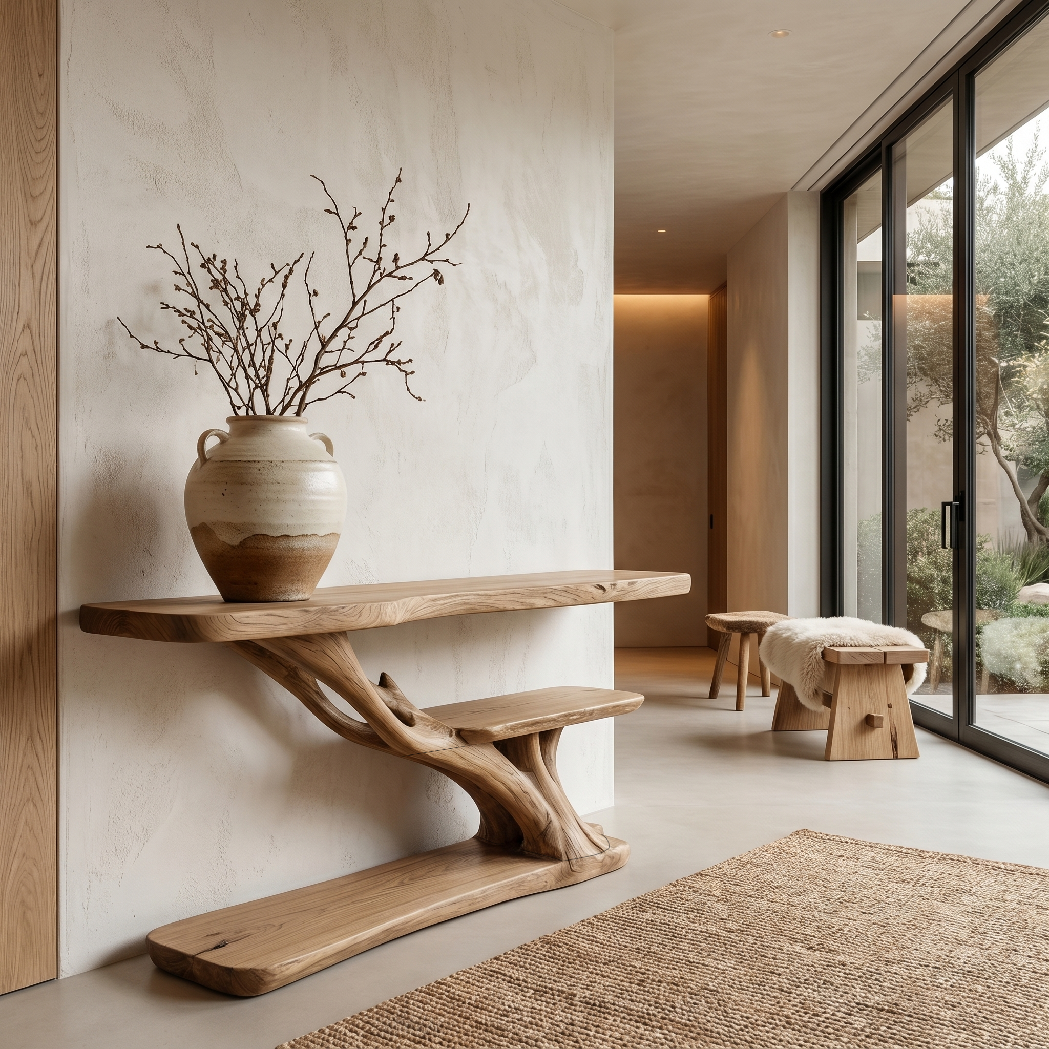 Organic Sculptural Console Table With Handcrafted Wood Base For Hallway
