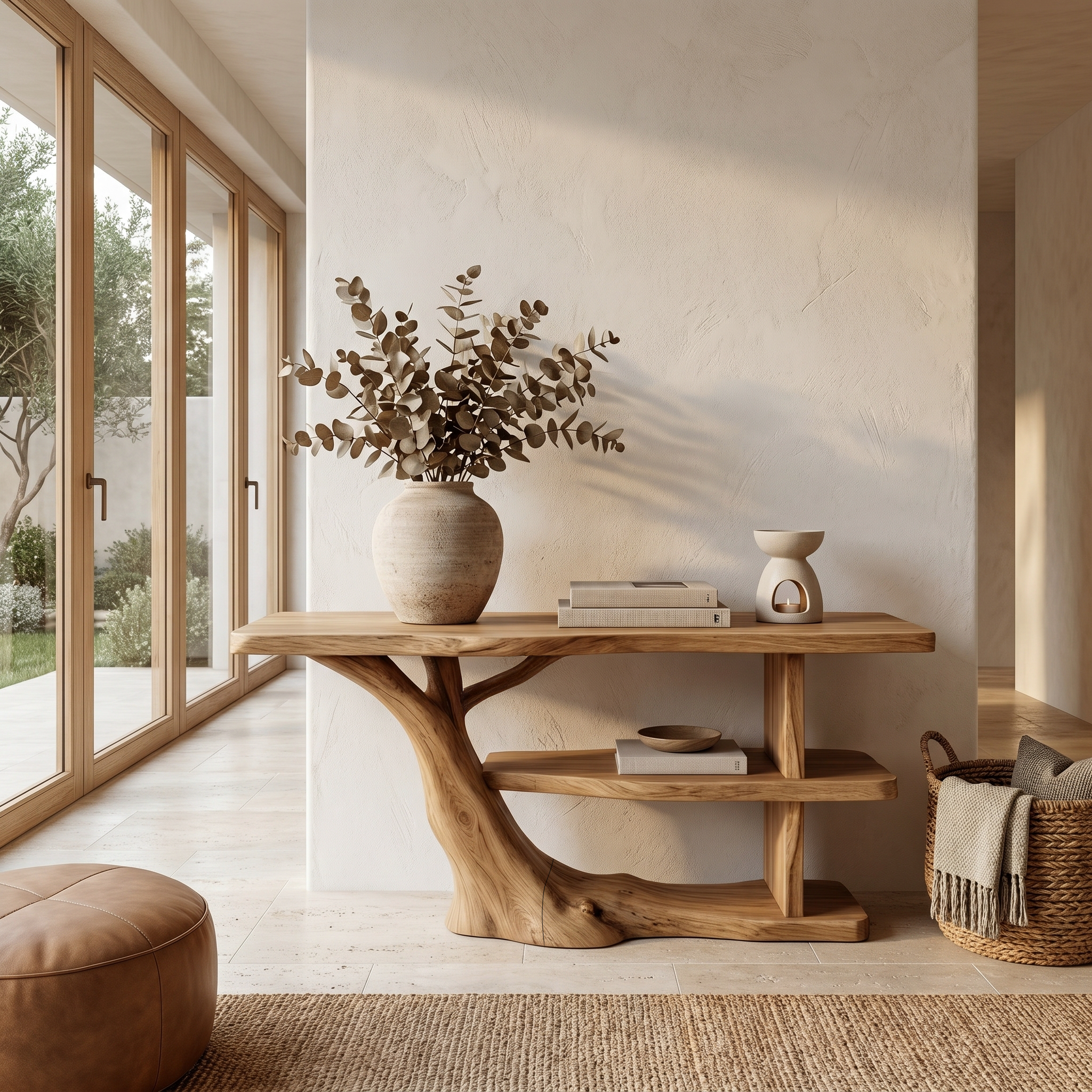 Modern Console Table With Flowing Wood Pedestal Base For Entryway