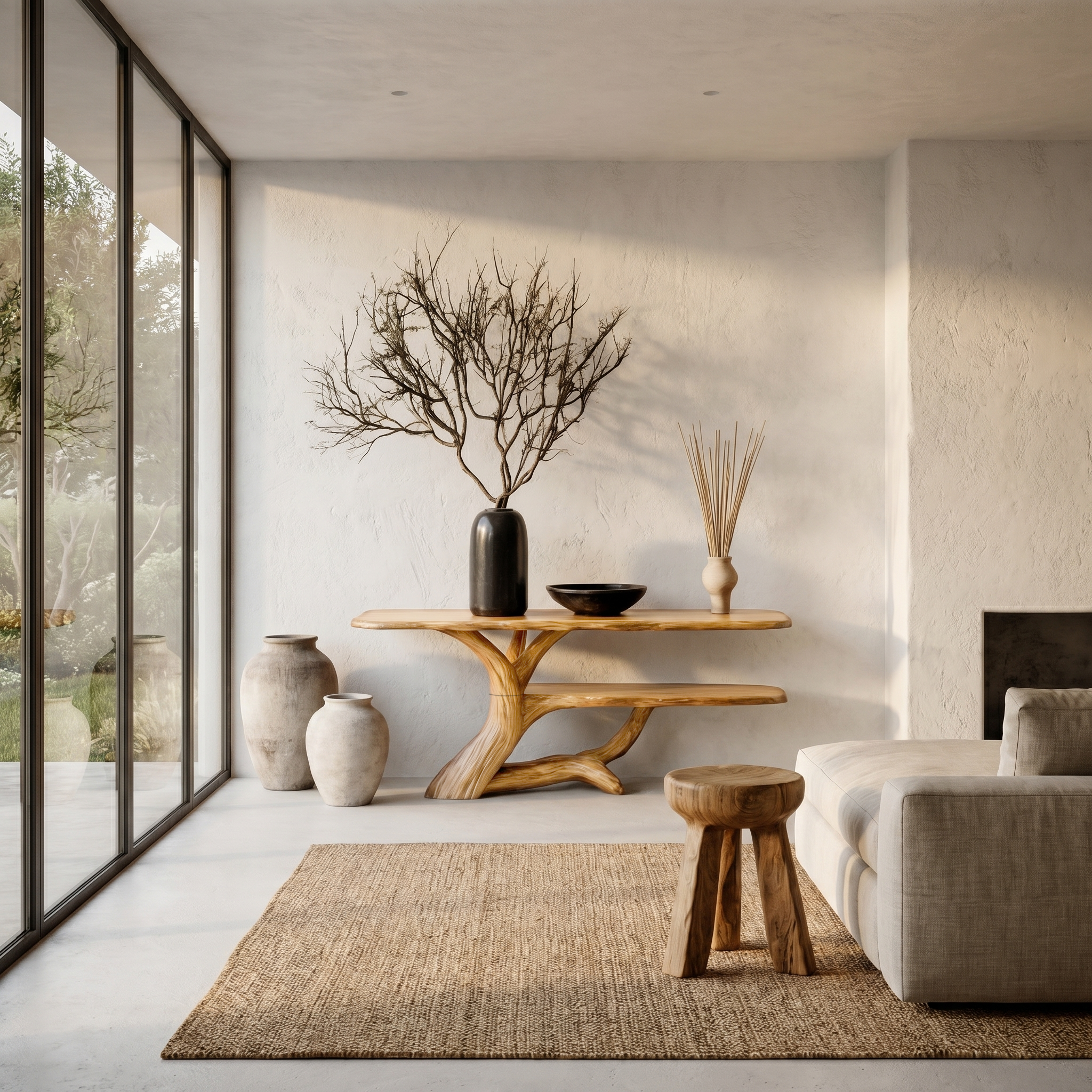 Nature Inspired Console Table With Open Shelf Storage For Living Room
