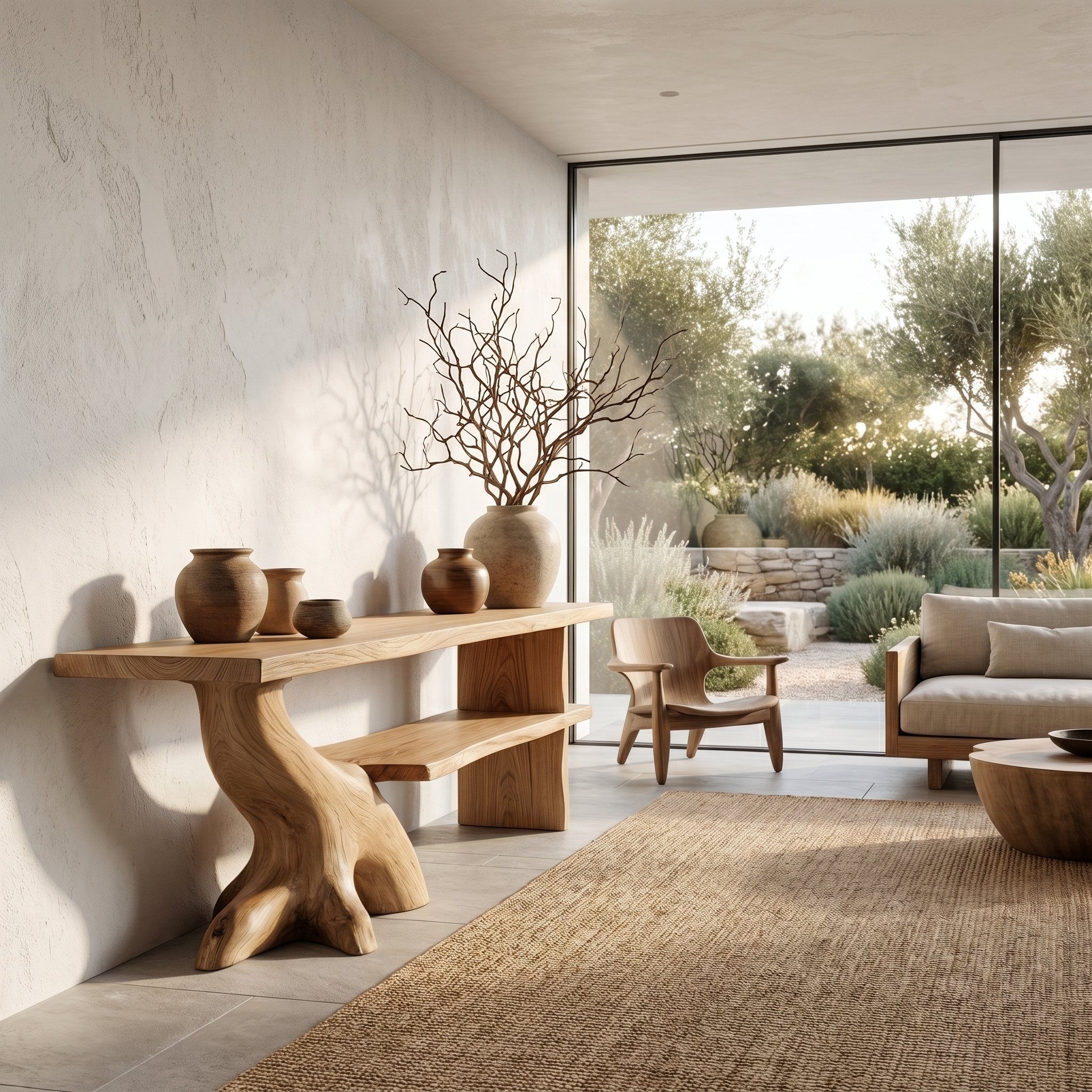 Organic Console Table With Sculptural Tree Branch Base For Entryway And Living Room