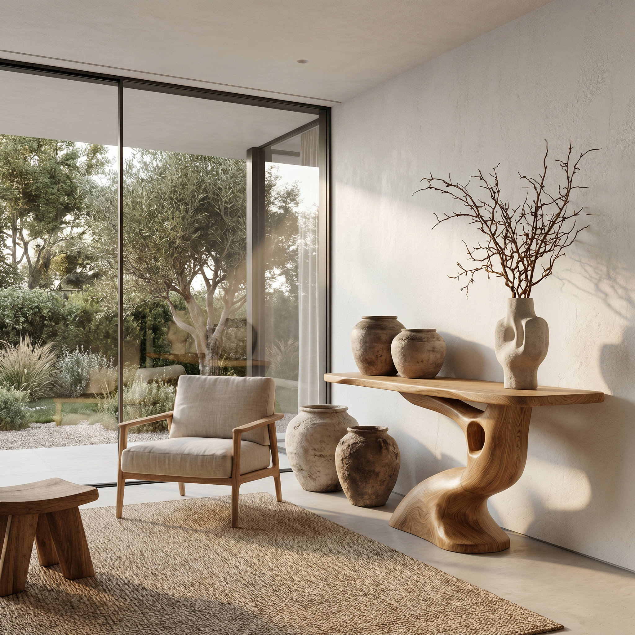 Tree Inspired Console Table With Sculptural Wood Structure For Hallway