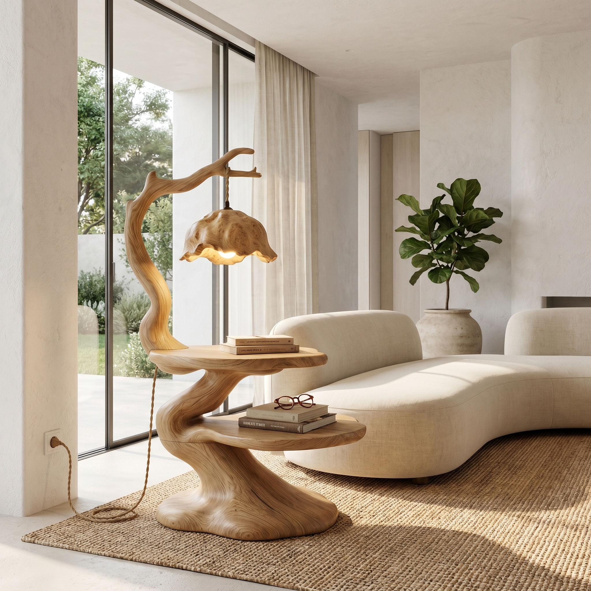Rustic Beside Table With Tree Root Design And Hanging Lamp For Living Room