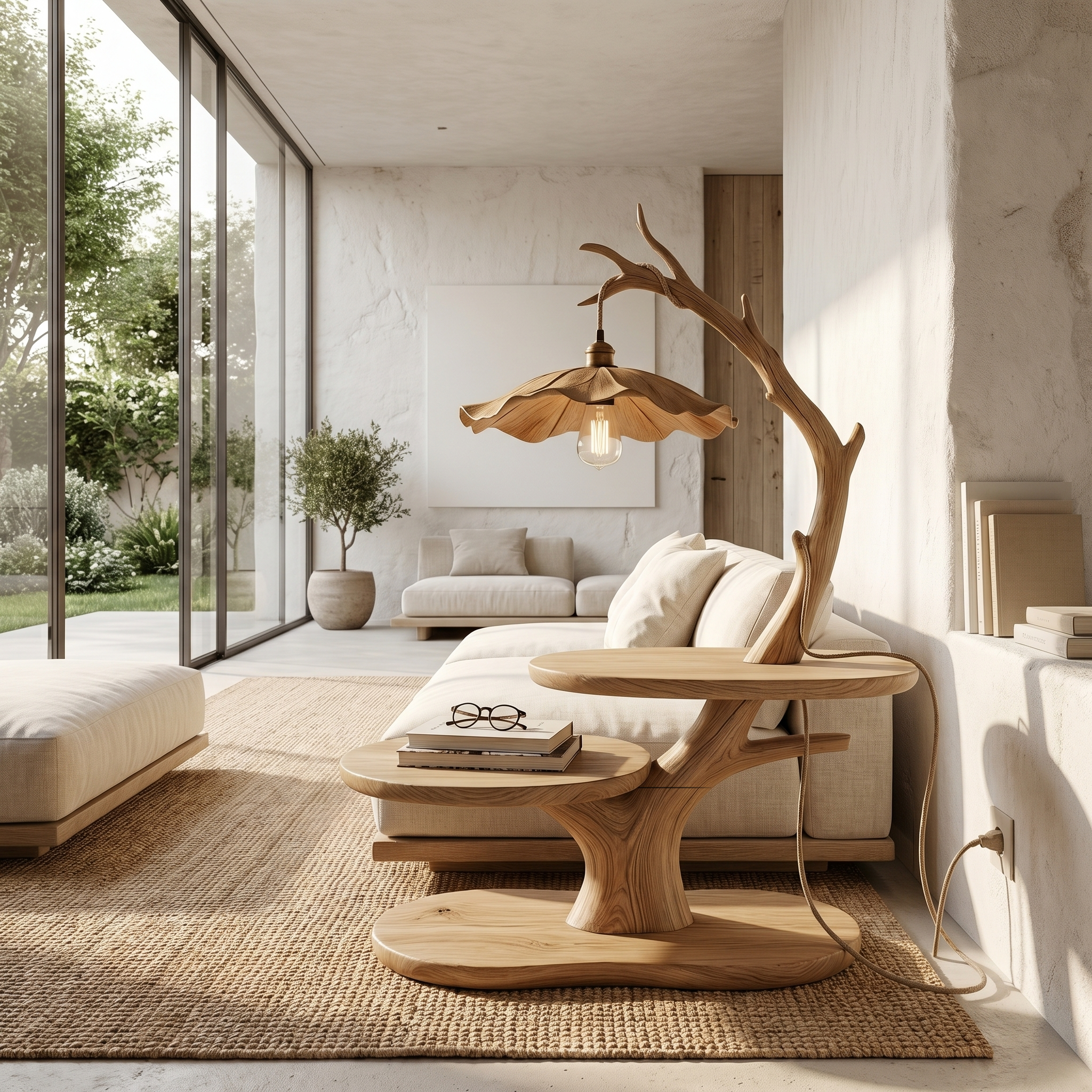 Sculptural Beside Table With Tree Branch Lamp And Open Storage Shelves For Living Room