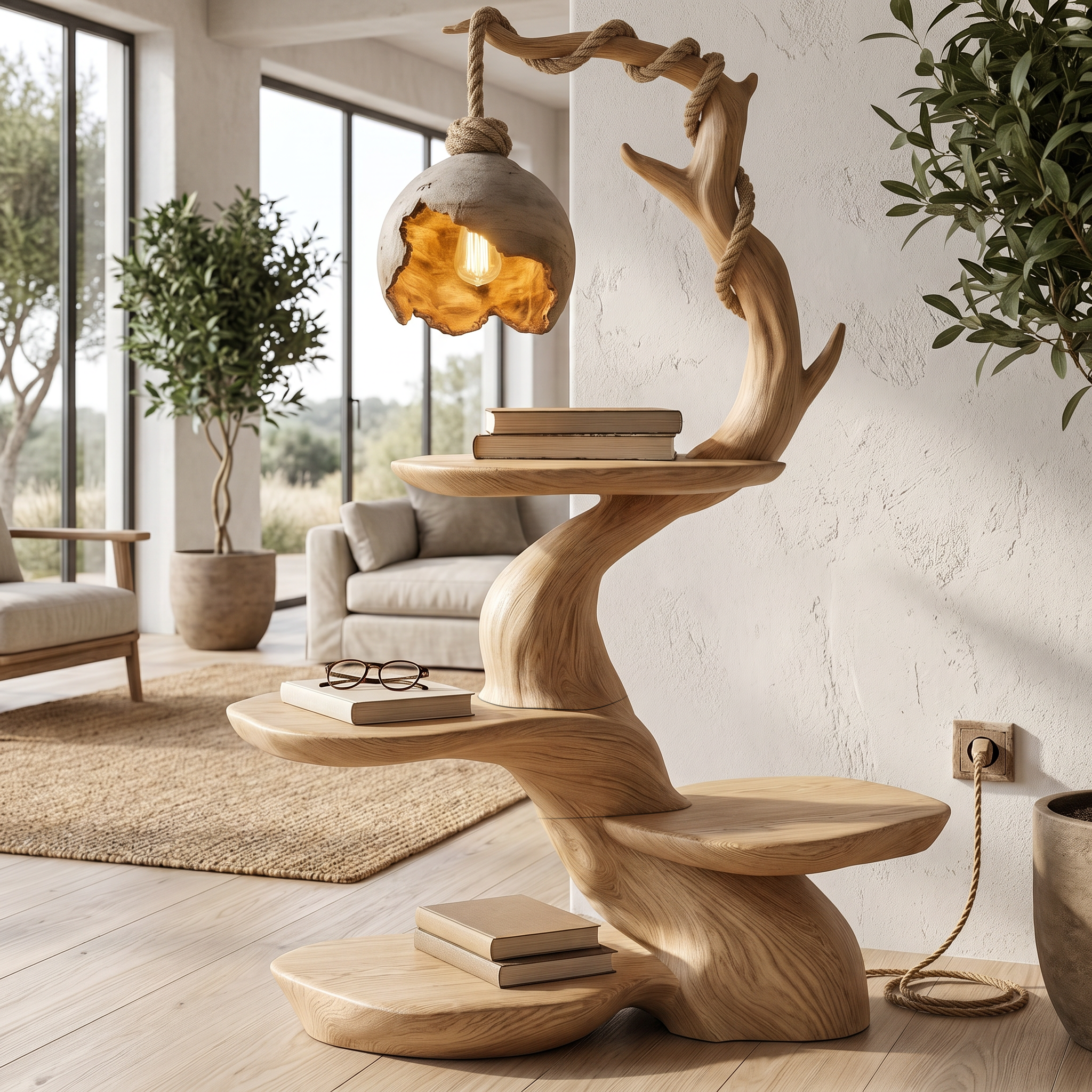 Nature Inspired Beside Table With Sculptural Tree Form And Ambient Lamp For Living Room