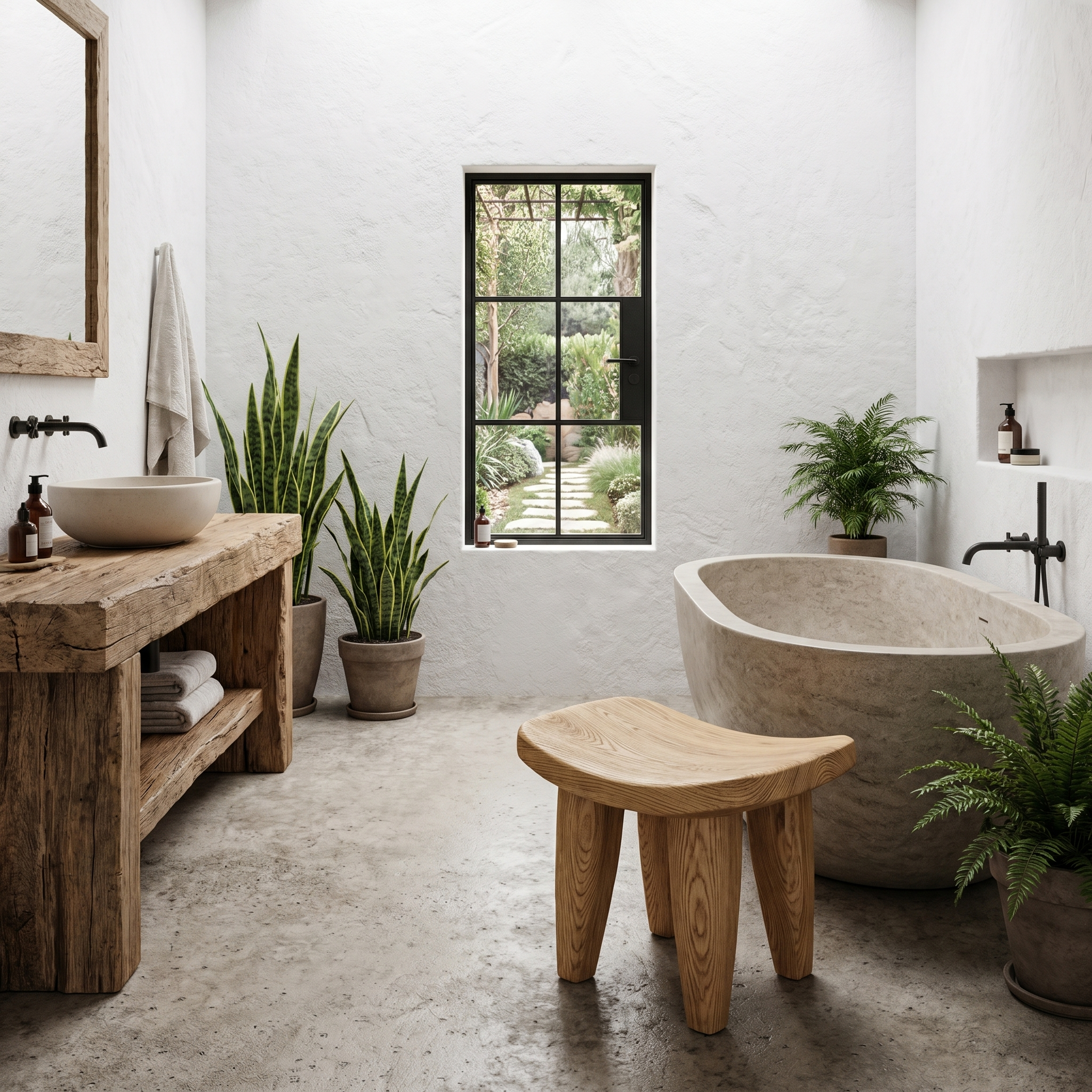 Rustic Wooden Stool With Artistic Solid Wood Form For Bathroom