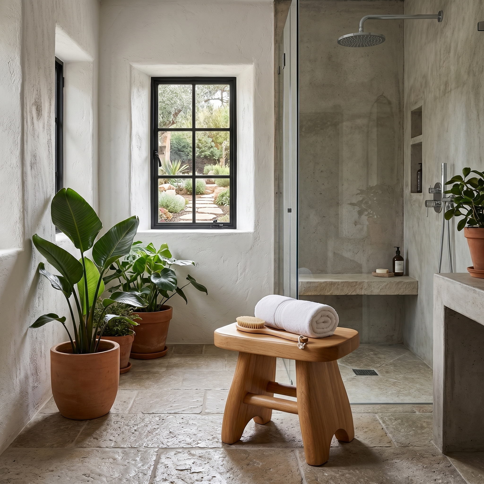 Rustic Shower Bench With Solid Wood Construction For Bathroom And Spa