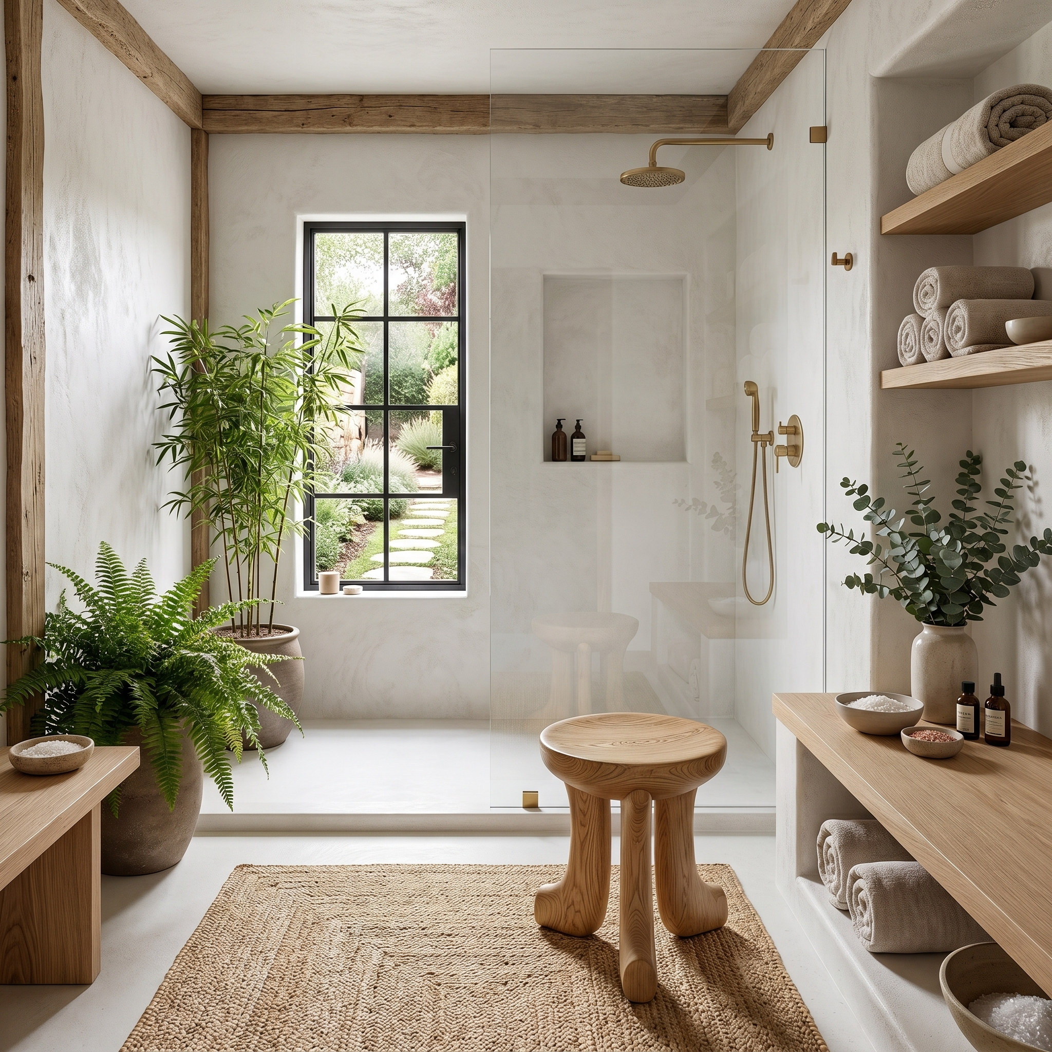 Rustic Bath Stool With Chunky Solid Wood Legs For Bathroom