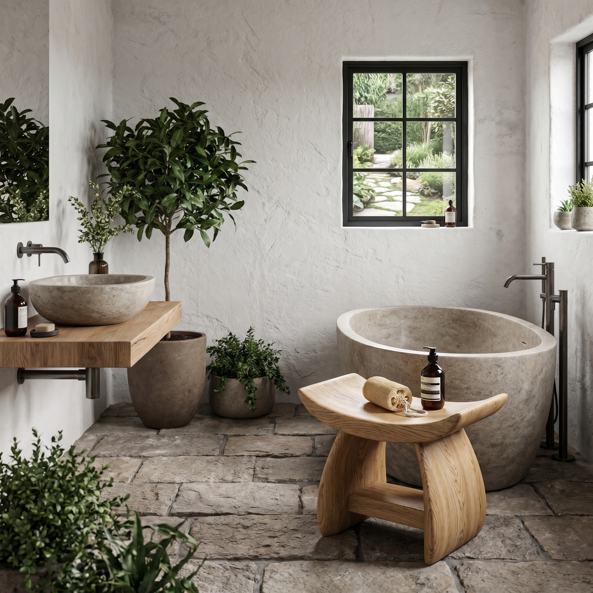 Nature Inspired Bathroom Stool With Sculptural Wood Design For Bathroom