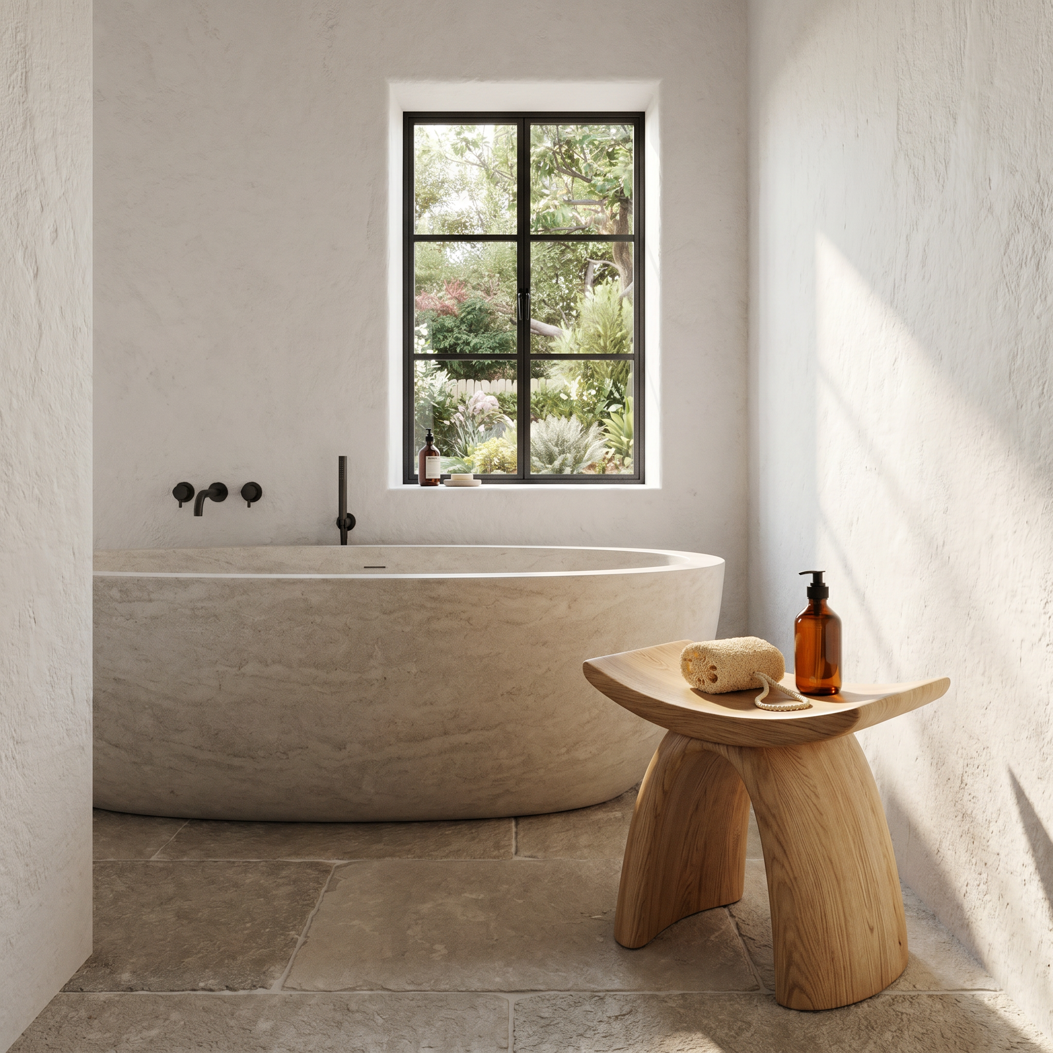 Organic Modern Shower Stool With Sculptural Wood Base For Bathroom
