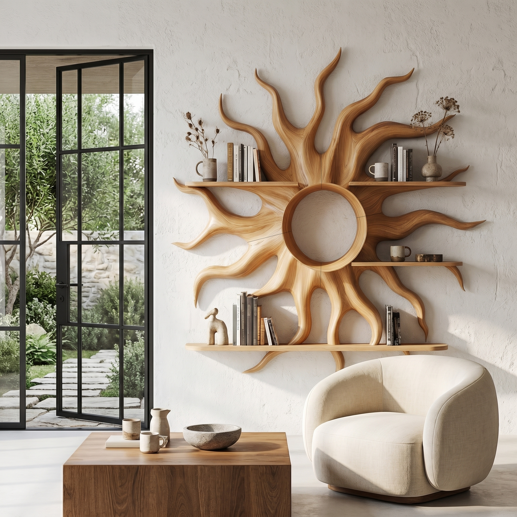 Sculptural Sun Wall Shelf With Floating Shelf For Home Decor