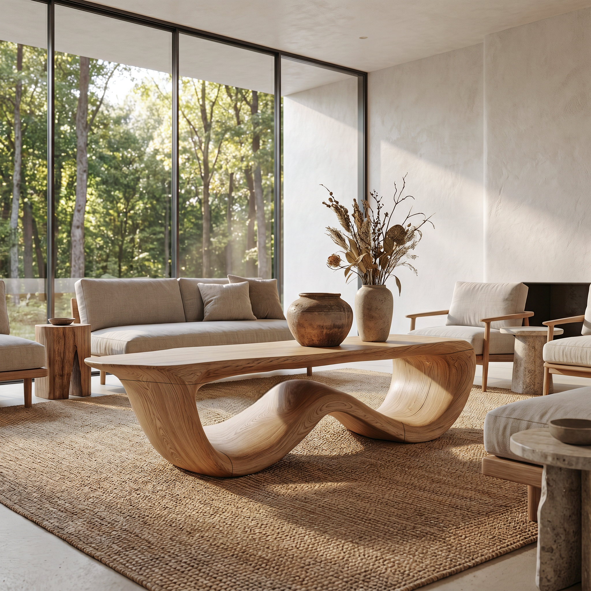 Contemporary Coffee Table With Flowing Solid Wood Silhouette For Living Room