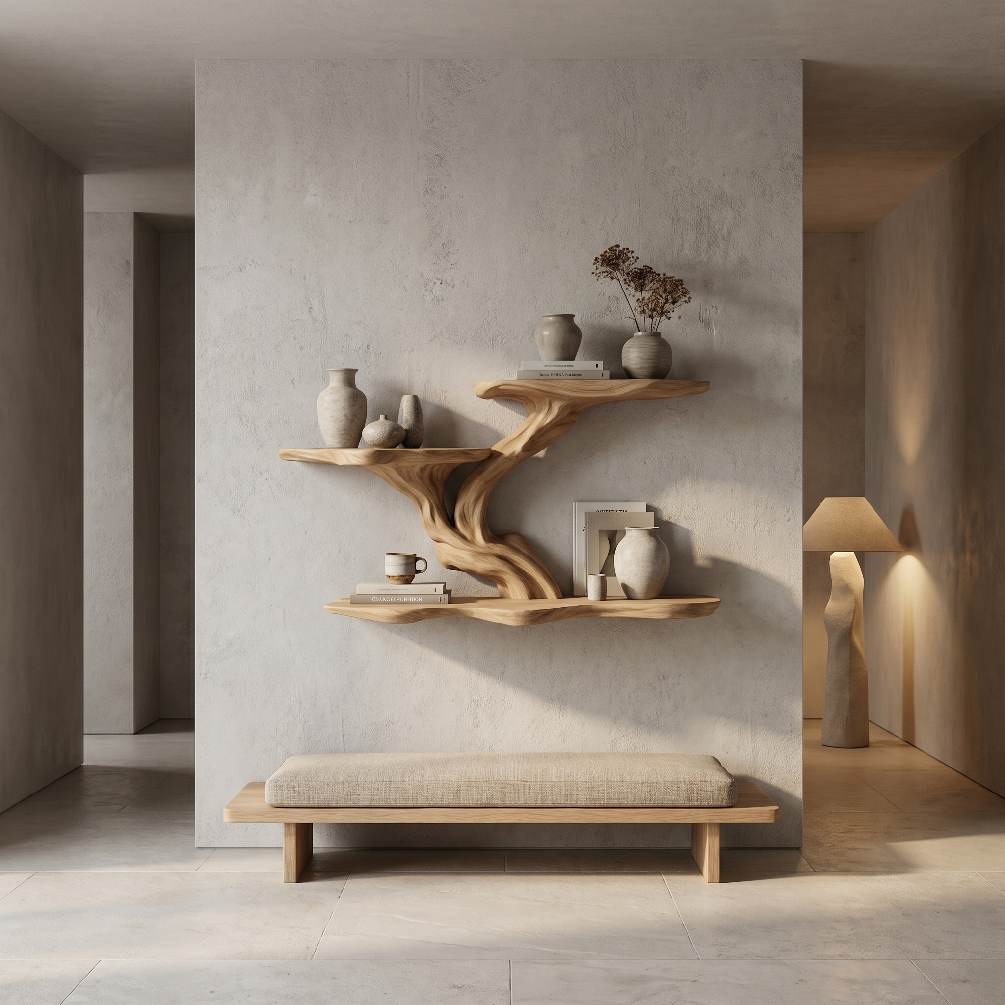Organic Tree Branch Floating Shelf With Sculptural Wall Storage For Living Room