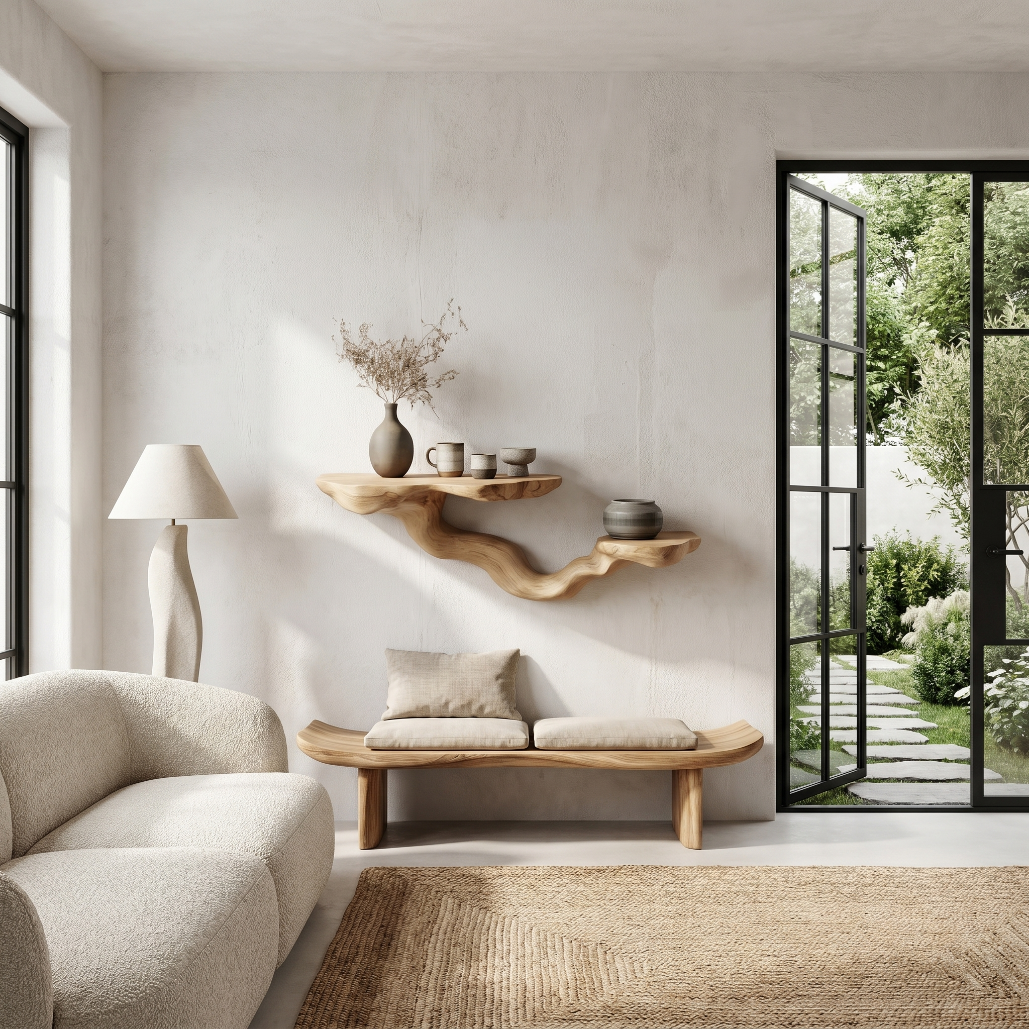 Rustic Floating Shelf With Sculptural Tree Branch Form For Home Decor